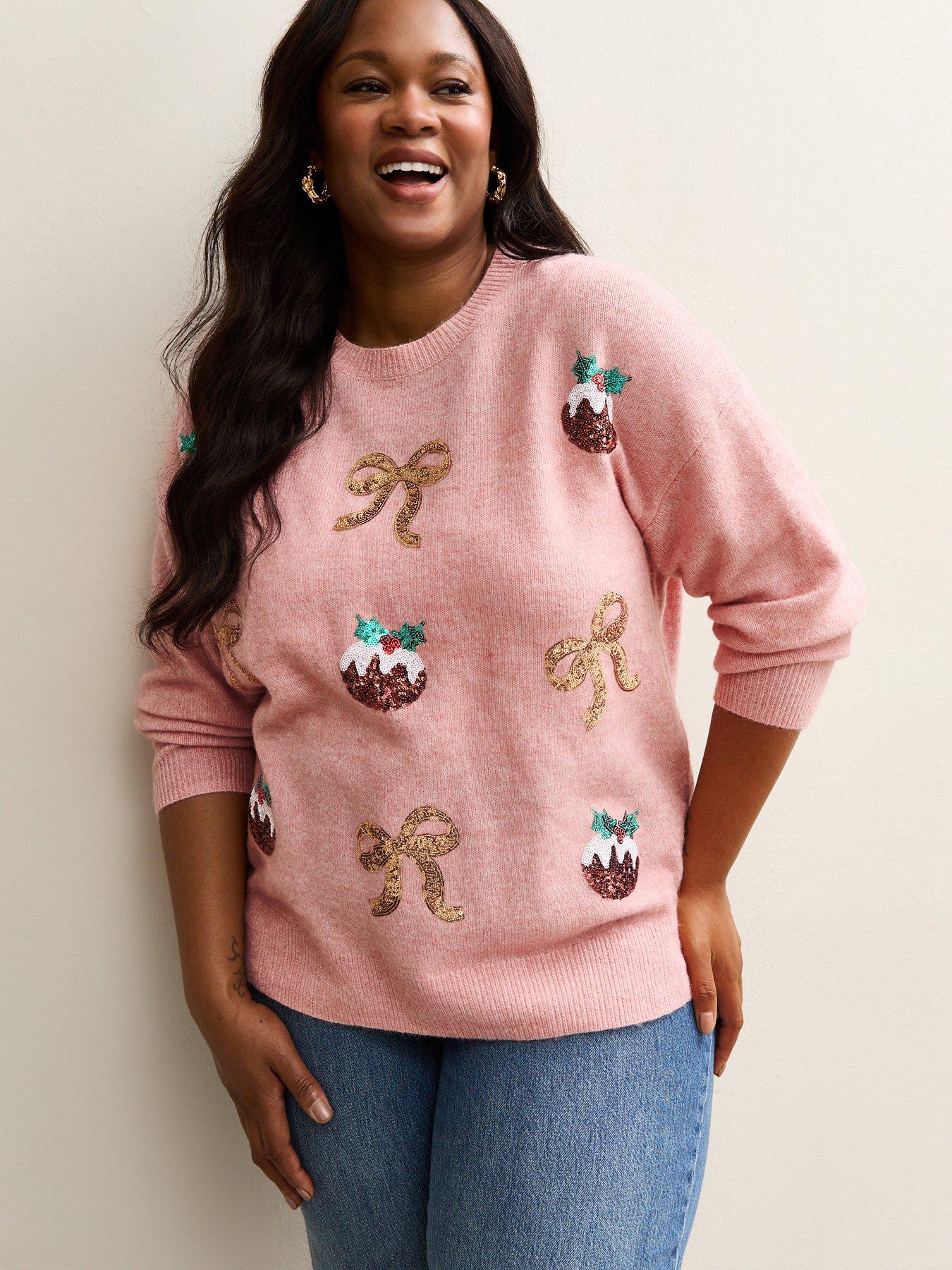New Look Curves Christmas Pudding Embellished Jumper Pink Very