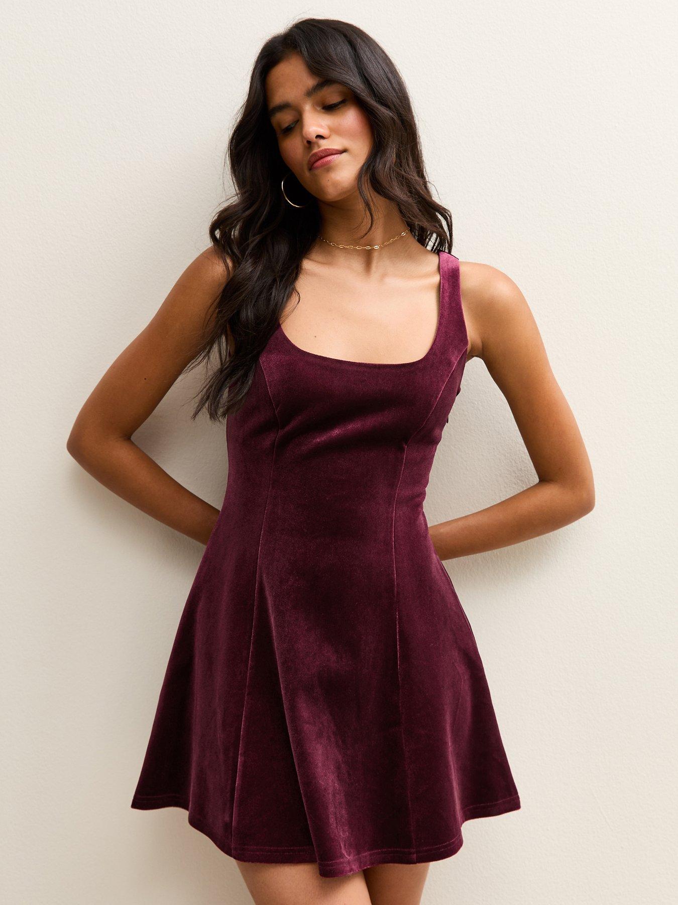 New Look Velvet Fit And Flare Mini Dress - Burgundy