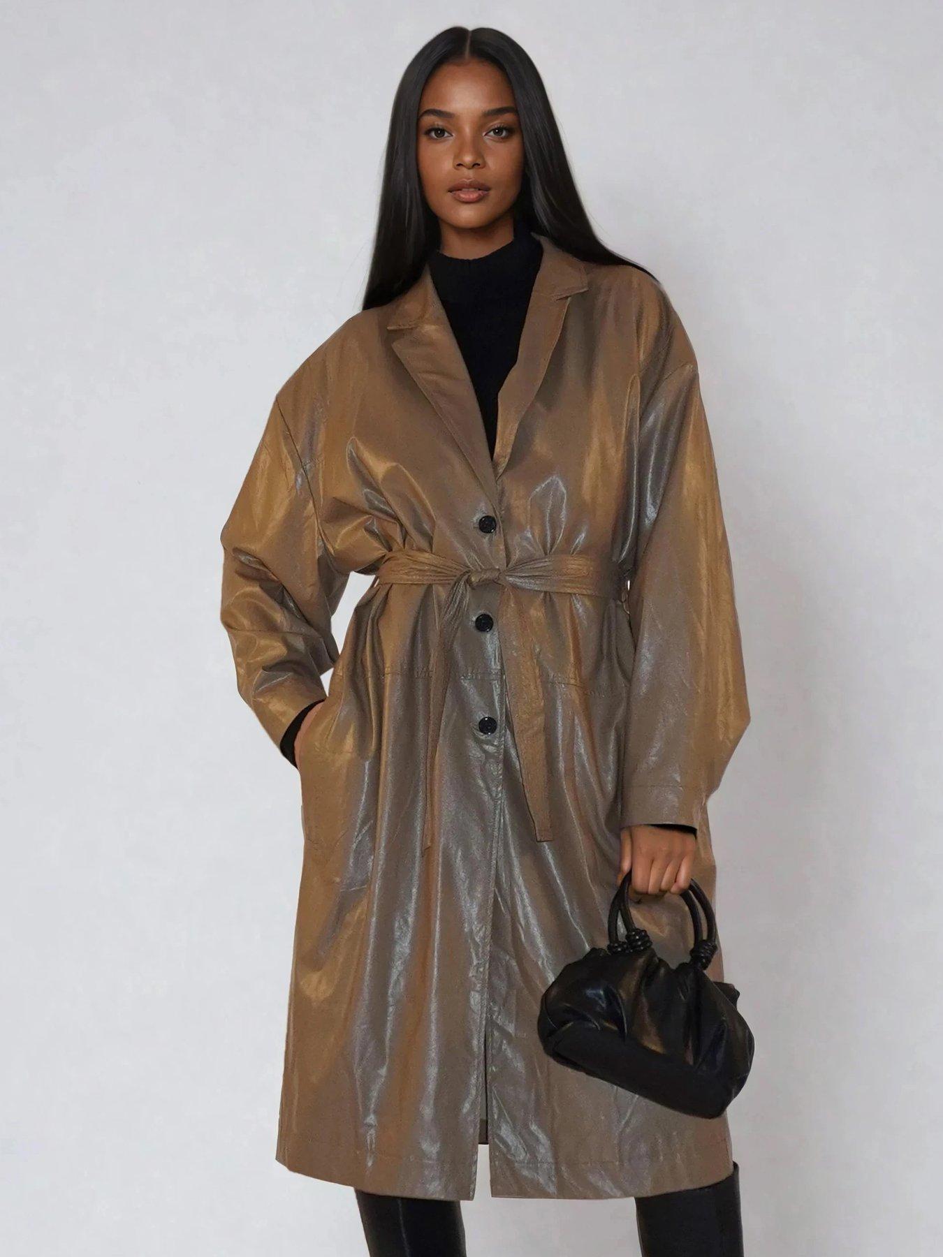 Image 1 of 6 of Religion Grace Oversized Faux Leather Belted Mac - Natural