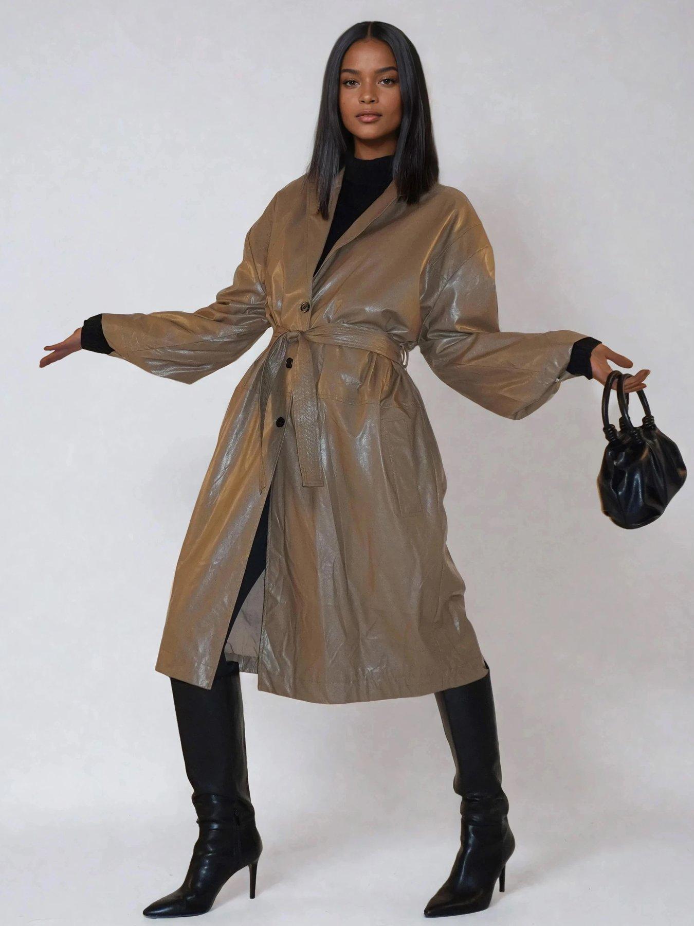 Image 4 of 6 of Religion Grace Oversized Faux Leather Belted Mac - Natural