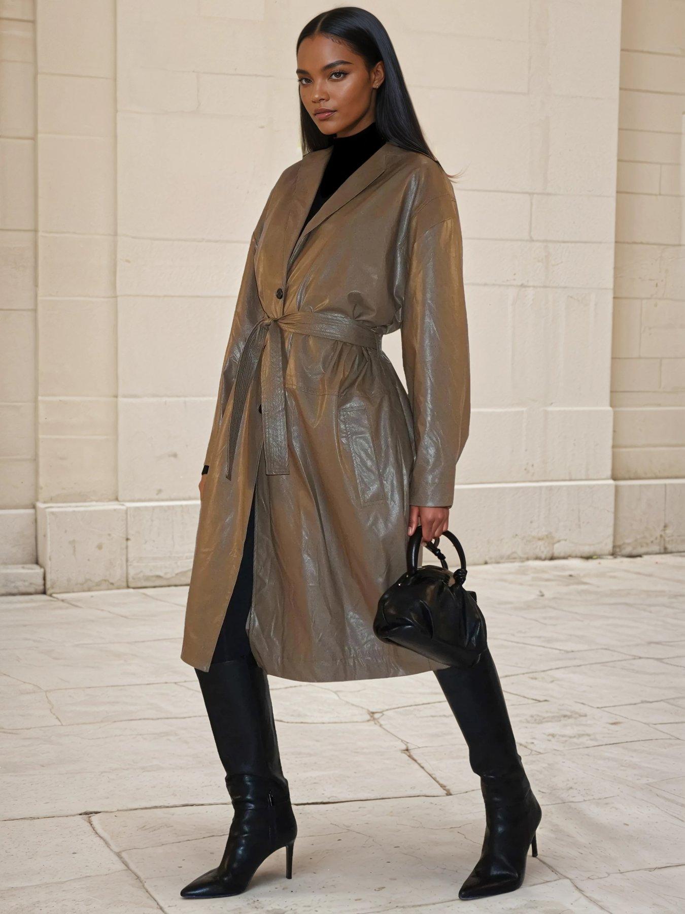 Image 6 of 6 of Religion Grace Oversized Faux Leather Belted Mac - Natural