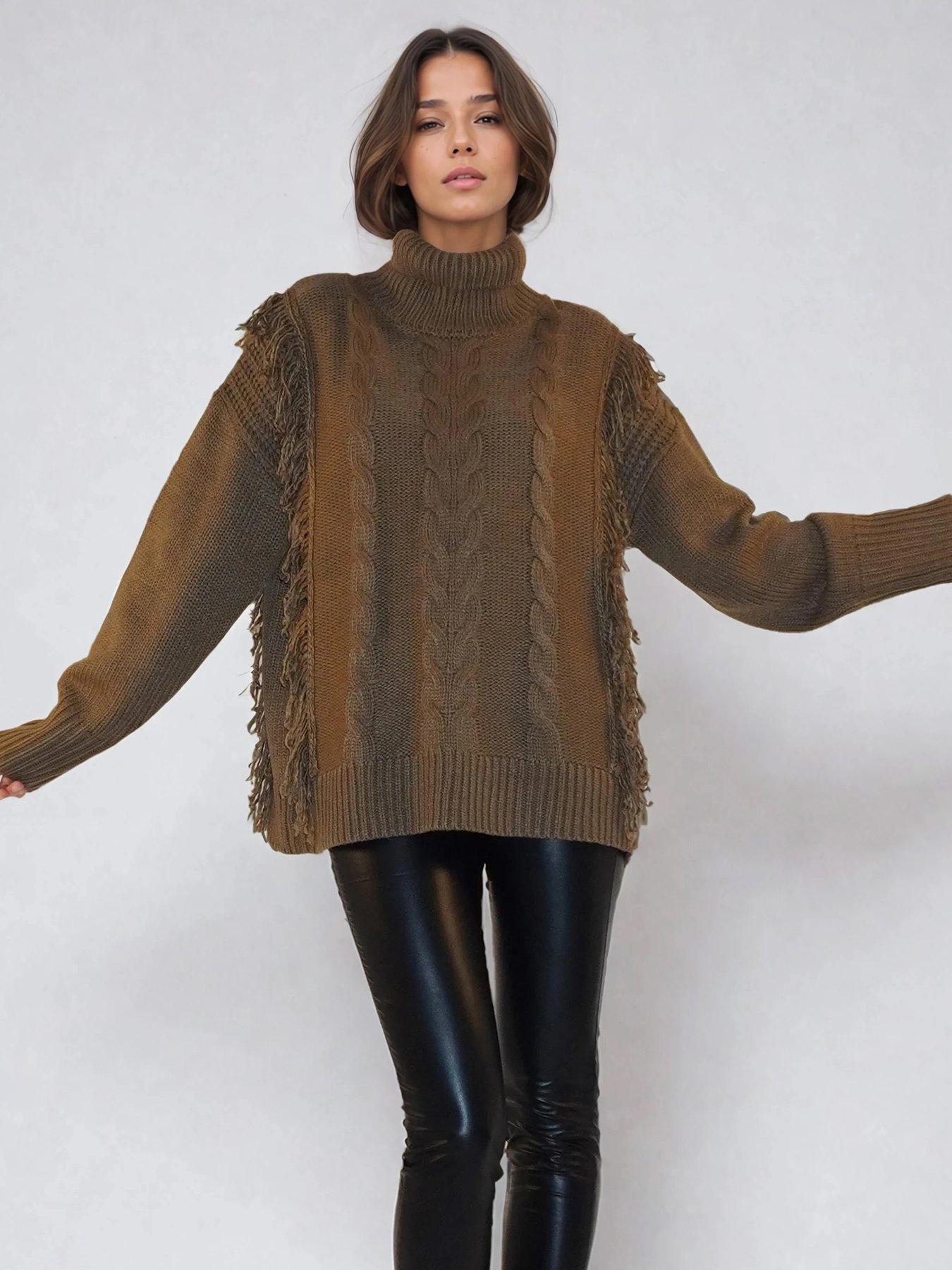 Religion Oversized Jamie Roll Neck Cable Knit Fringed Jumper - Brown