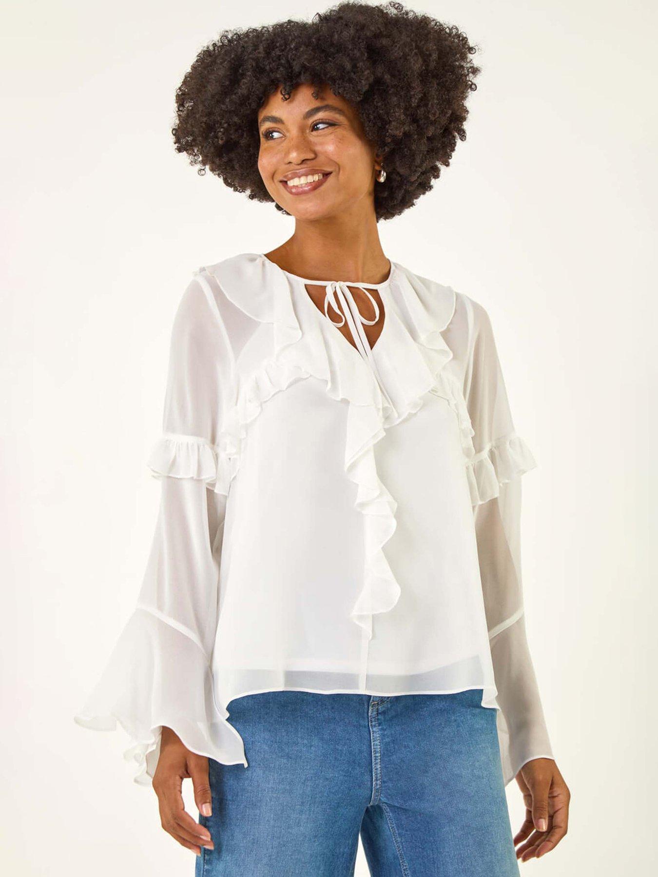 Image 1 of 5 of Roman Chiffon Tie Neck Ruffle Tunic Top - White