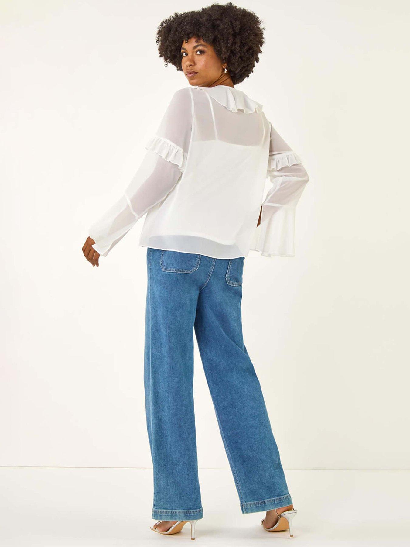 Image 2 of 5 of Roman Chiffon Tie Neck Ruffle Tunic Top - White