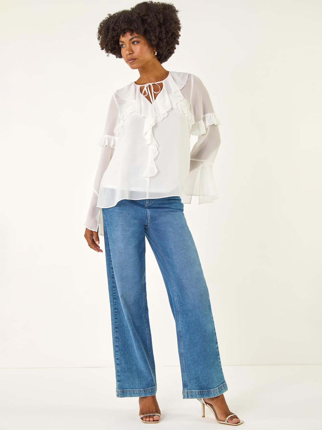 Image 3 of 5 of Roman Chiffon Tie Neck Ruffle Tunic Top - White