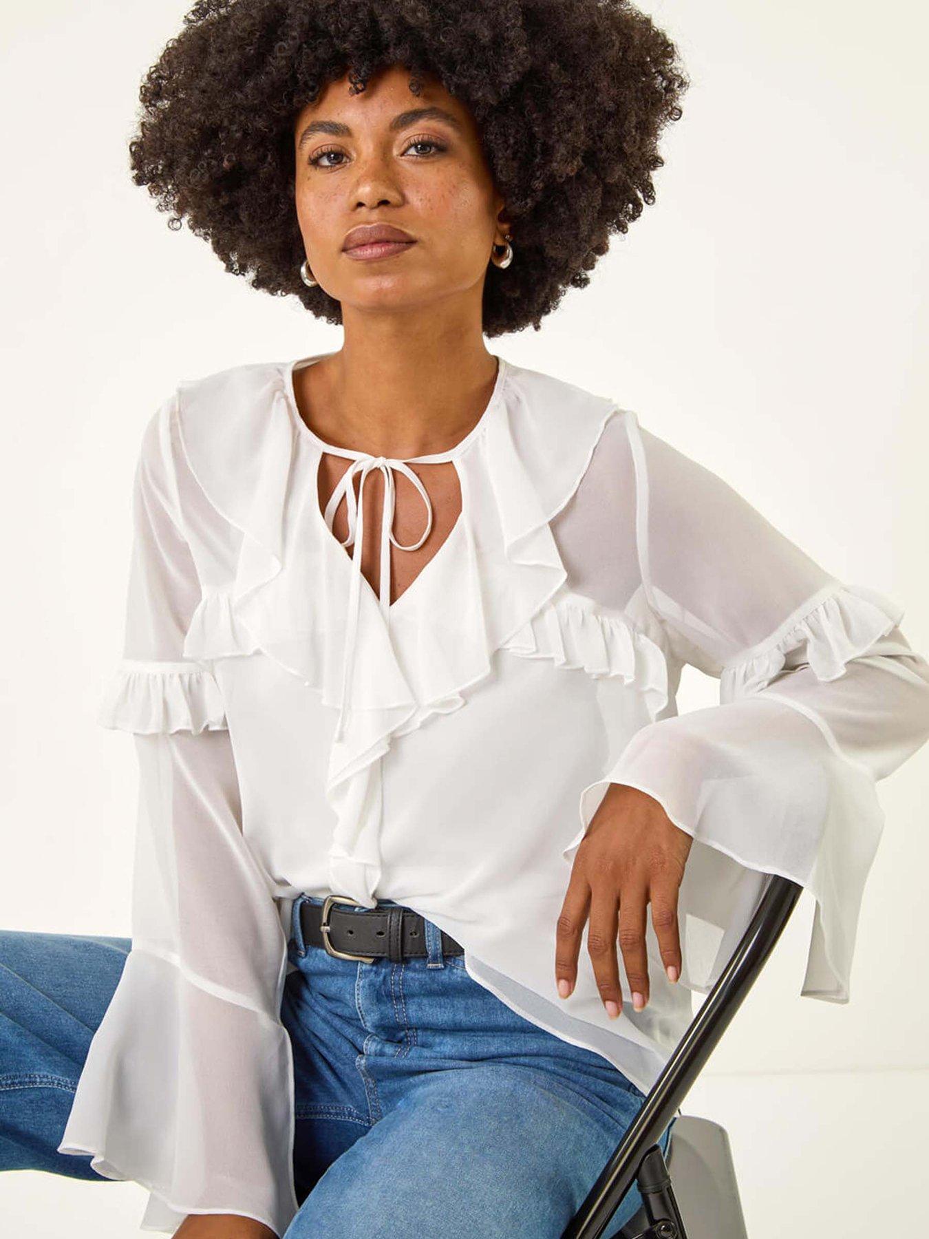 Image 4 of 5 of Roman Chiffon Tie Neck Ruffle Tunic Top - White