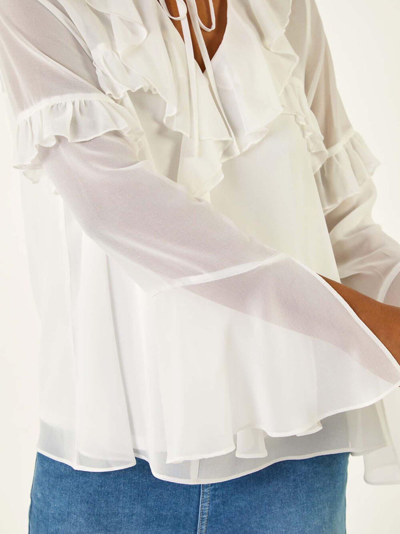Image 5 of 5 of Roman Chiffon Tie Neck Ruffle Tunic Top - White