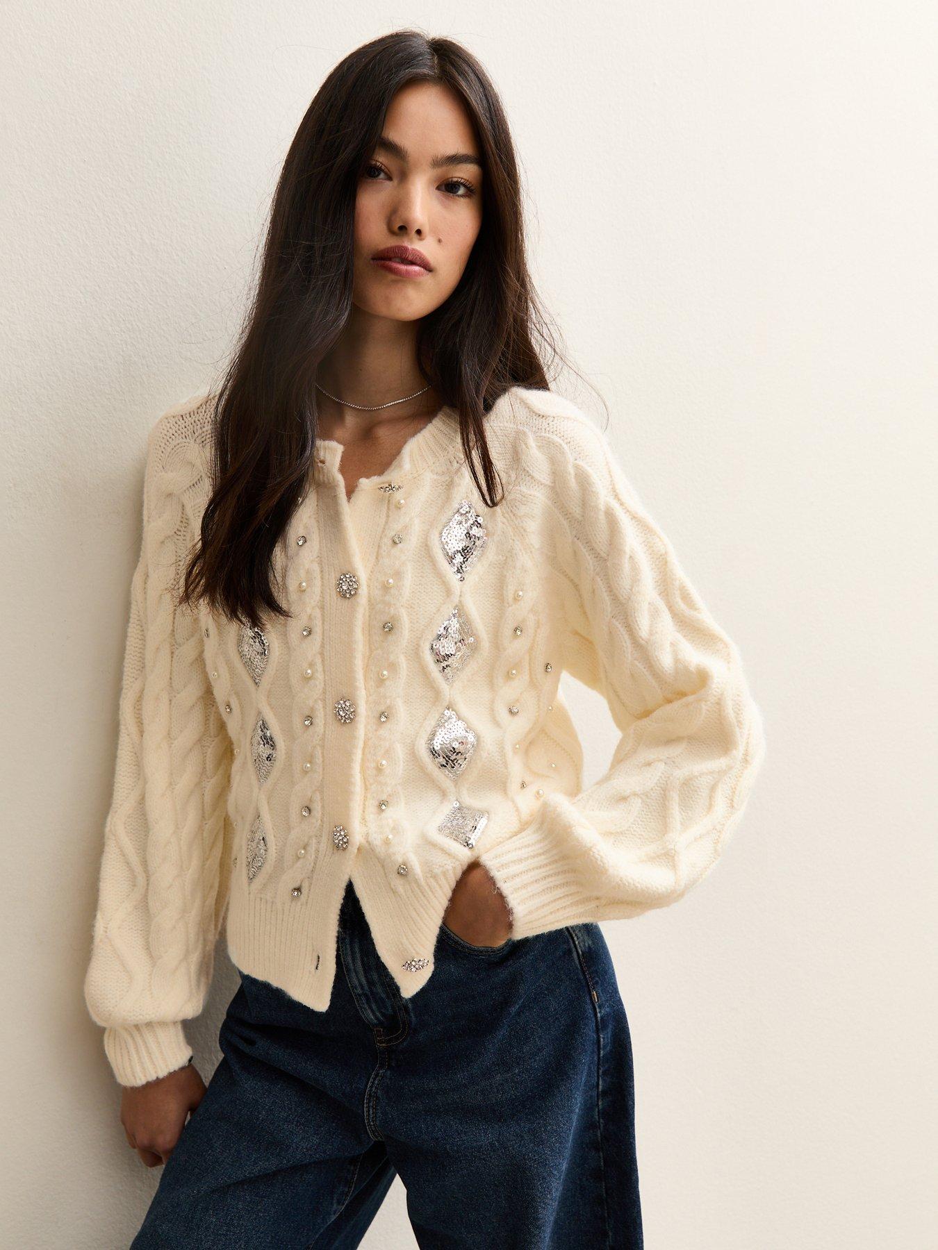 New Look Cable Knit Sequin Embellished Cardigan Off White Very