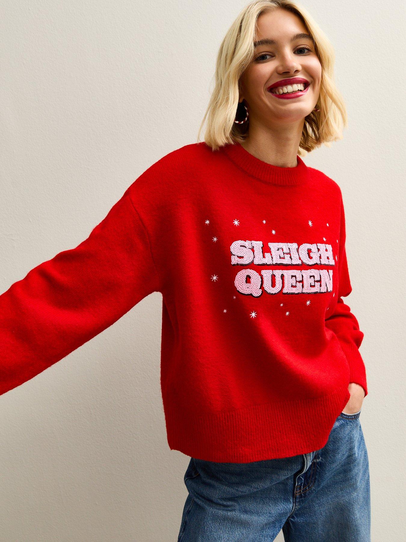 New Look: Sequinned Sleigh Queen Christmas Jumper - Red