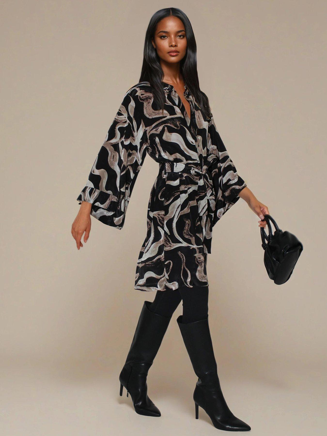undefined Glory Kimono Tunic Beleted Abstract Shirt Dress - Black