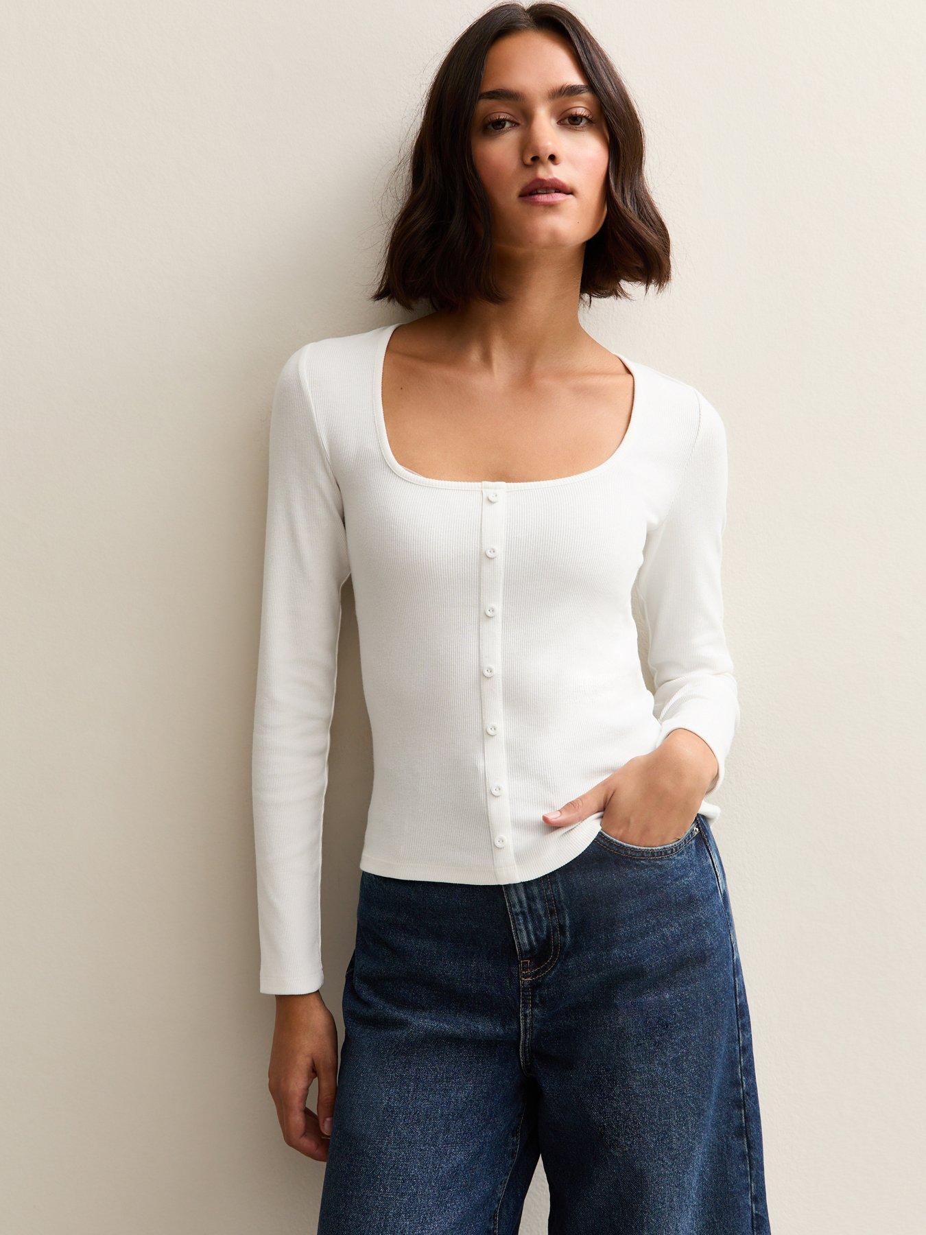 New Look Off White Square Neck Button Detail Long Sleeve Top