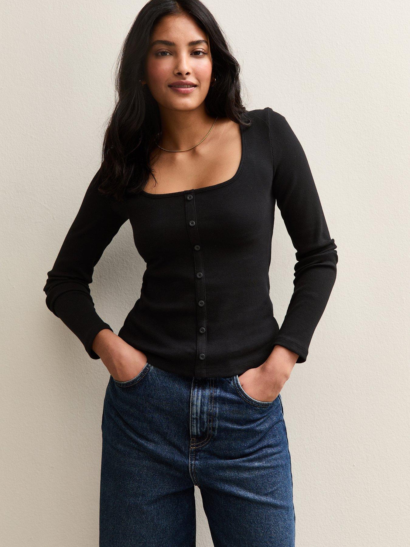 New Look Black Square Neck Button Detail Long Sleeve Top