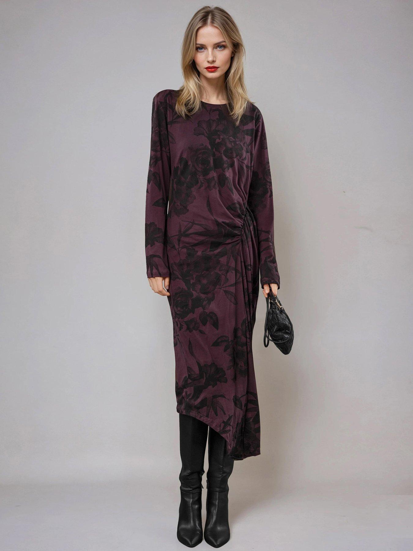 undefined Long Sleeved Drape Floral Jersey Dress - Purple