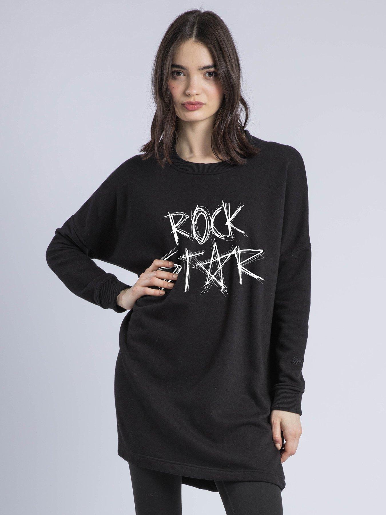 undefined Flora Embroidered Slogan Sweat Tunic Dress - Black