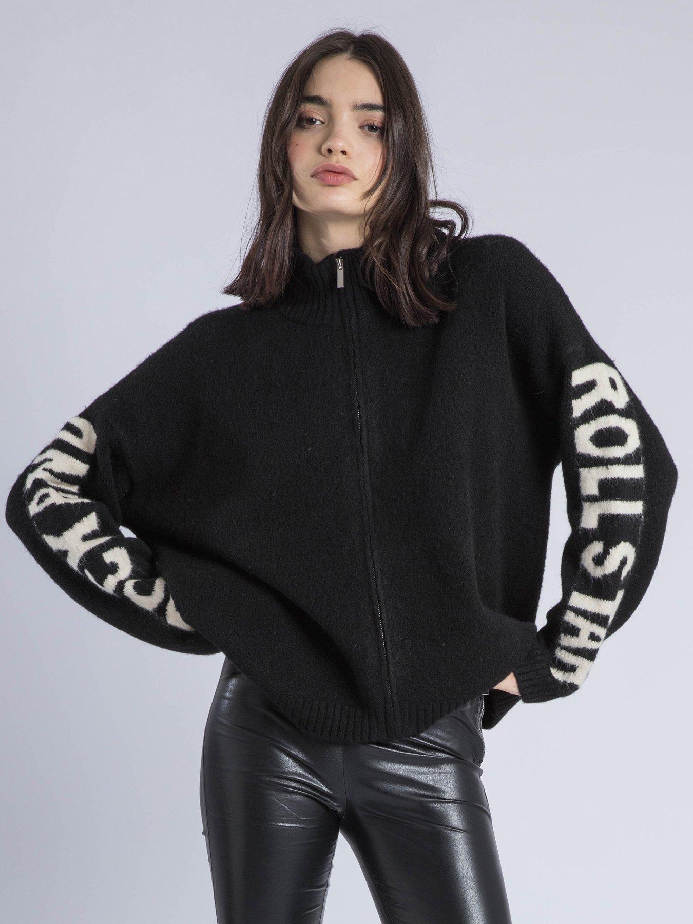 Religion Phoebe Zip Through Slogan Sleeve Cardigan - Black