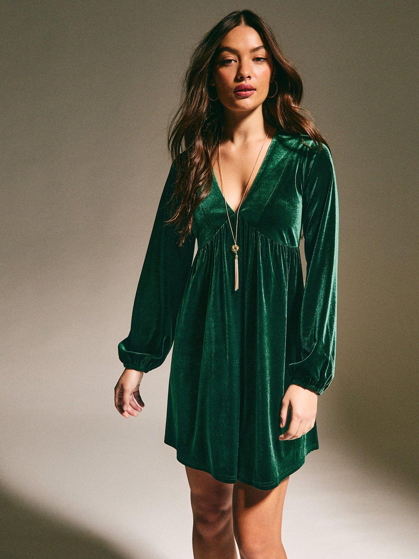 New Look Dark Green Velvet Smock Mini Dress