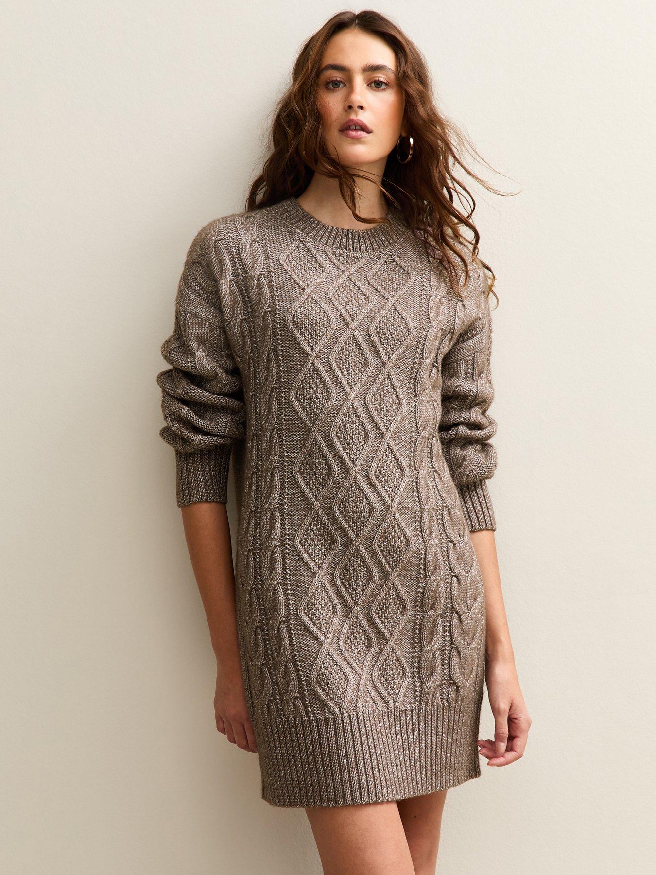 New Look Mink Cable Knit Crew Mini Dress