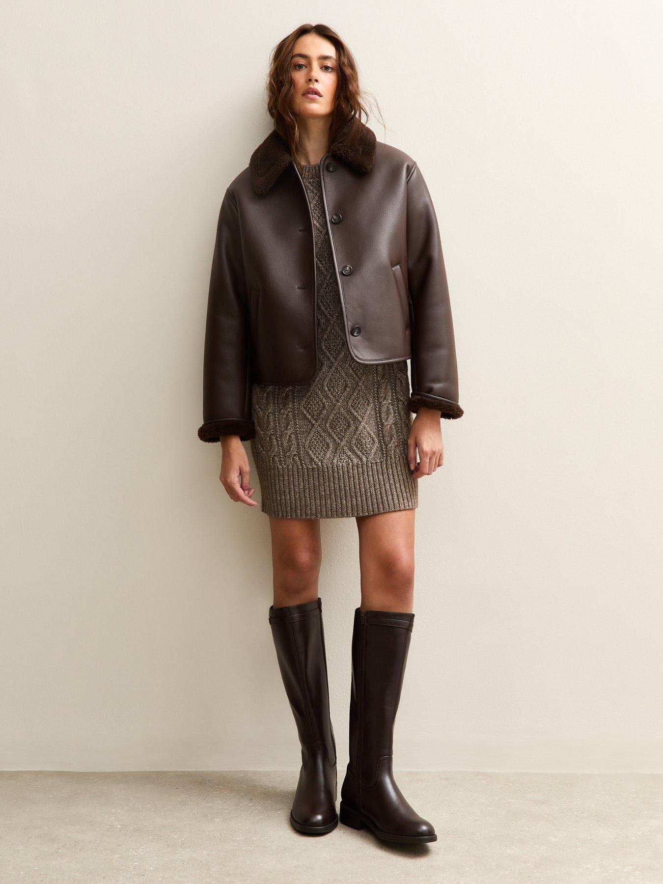 Image 4 of 6 of New Look Mink Cable Knit Crew Mini Dress