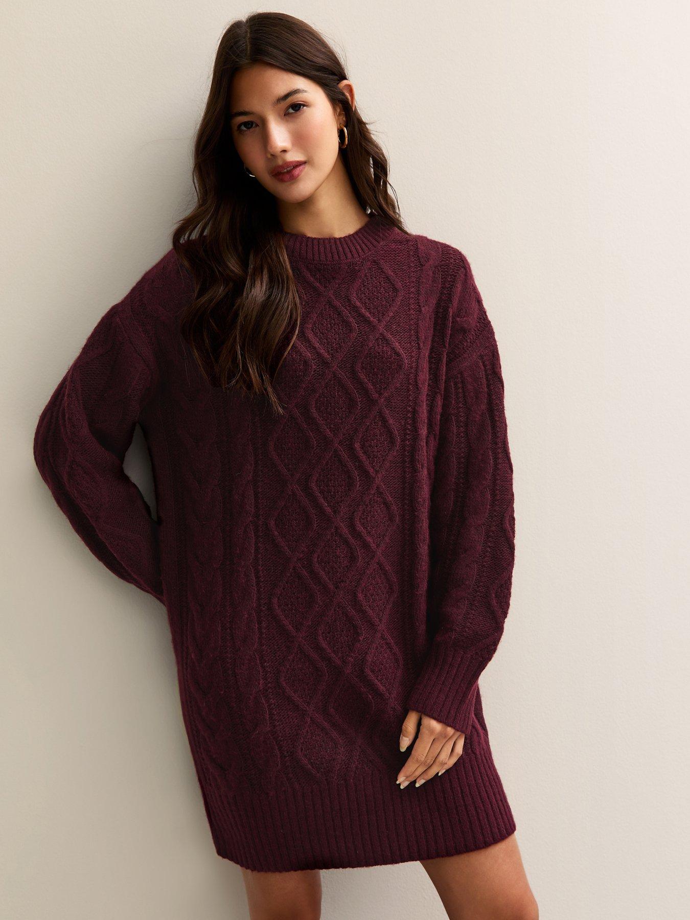 New Look Dark Burgundy Cable Knit Crew Mini Dress