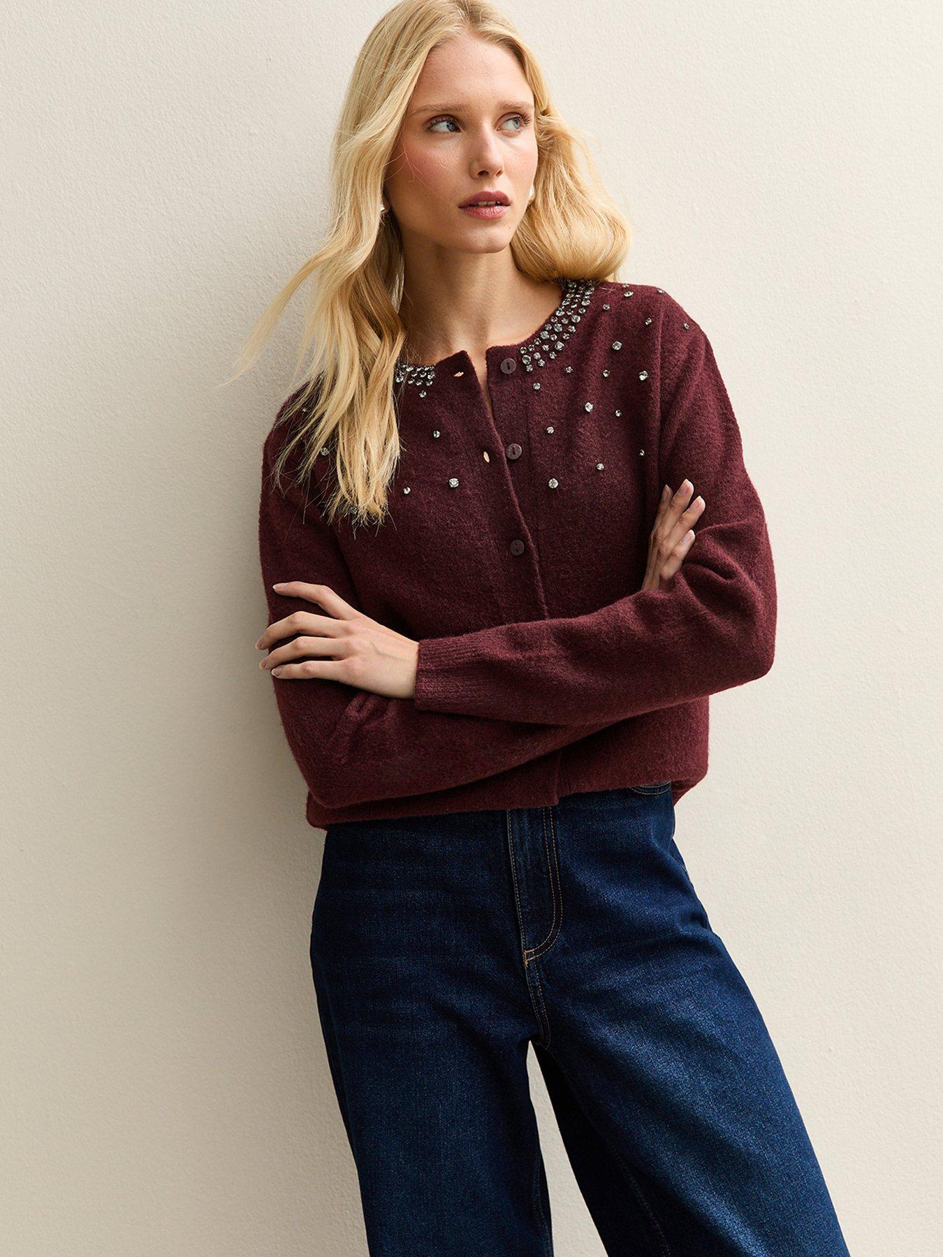 New Look Dark Burgundy Diamanté Embellished Cardigan - Red