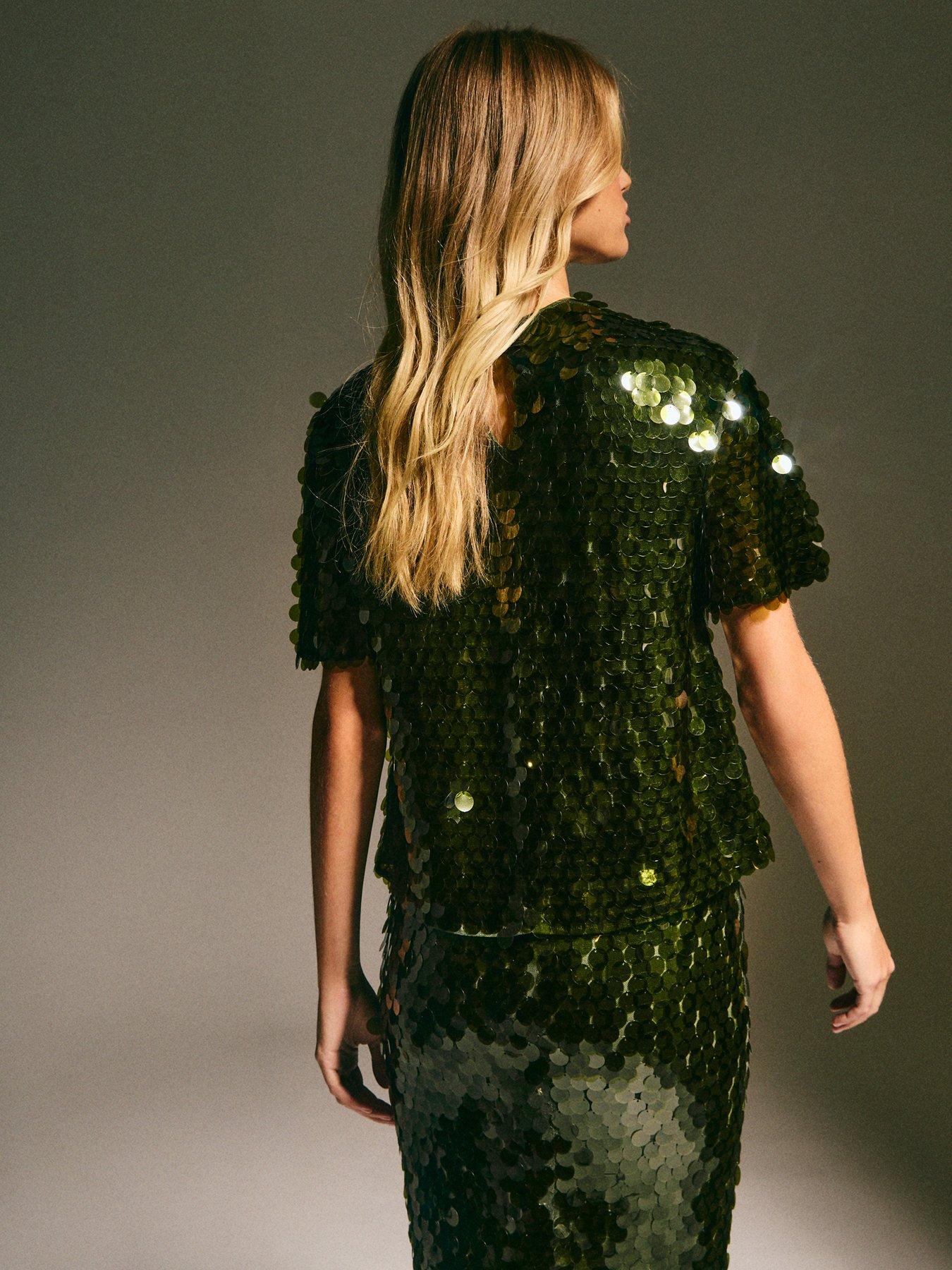Image 2 of 6 of New Look Light Khaki Sequinned Short Sleeve Top