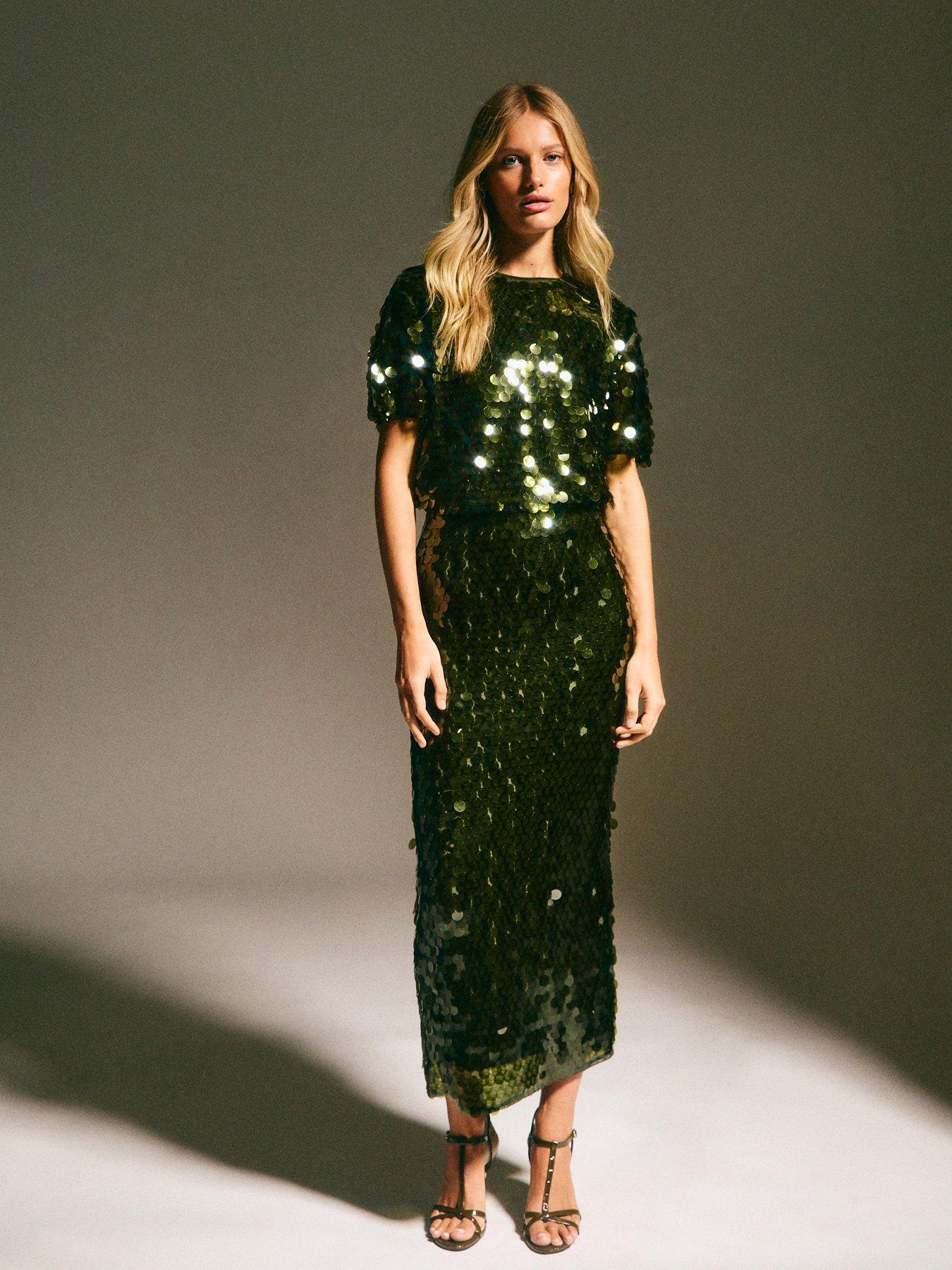 Image 3 of 6 of New Look Light Khaki Sequinned Short Sleeve Top