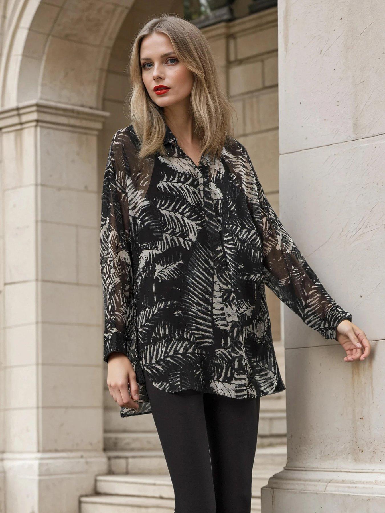 Religion Zoe Oversized Floral Monochrome Long Line Shirt - Black