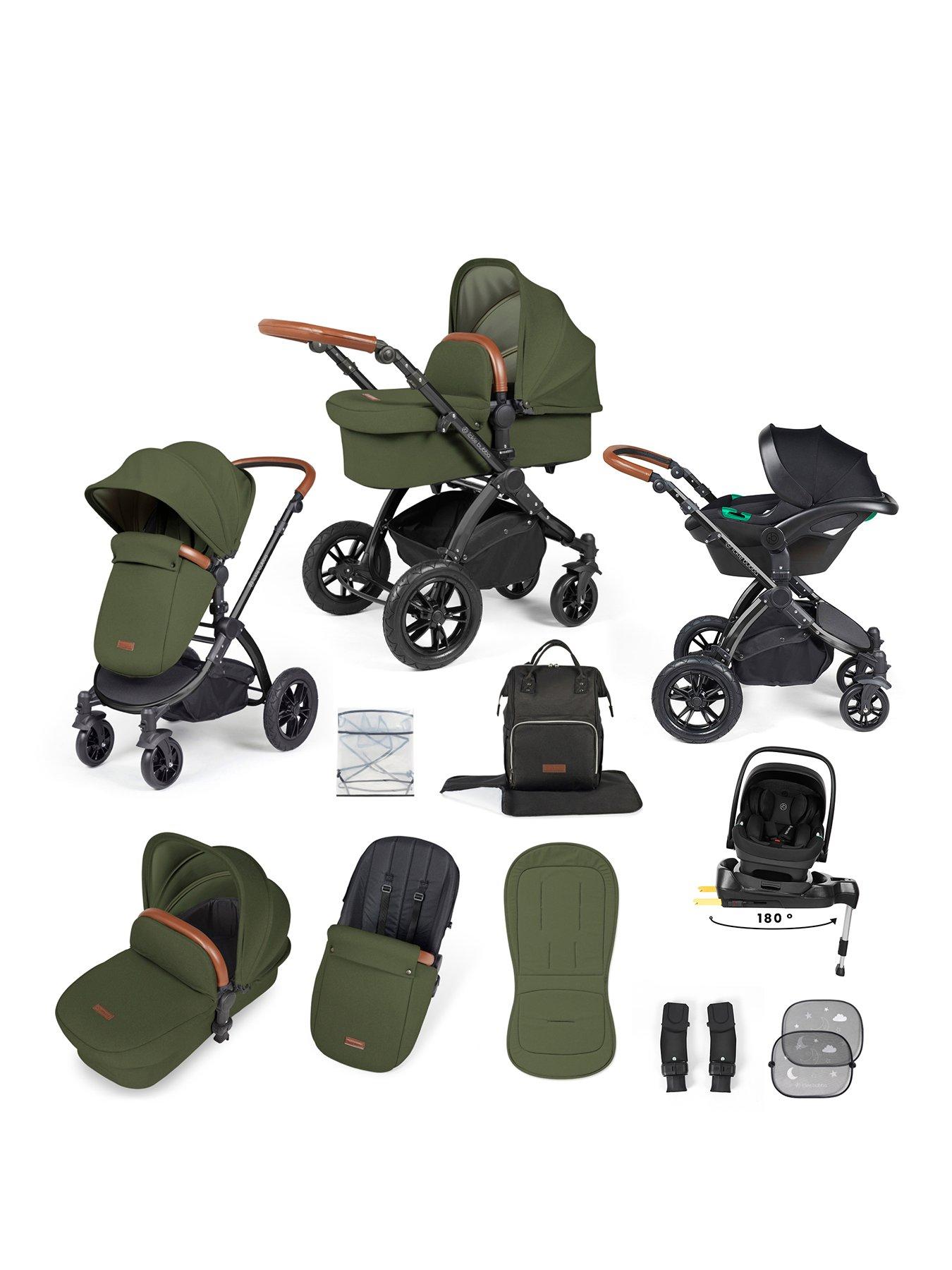 Ickle Bubba Stomp Luxe 12 Piece Travel System with i-Size Nimbus Car Seat & Spin ISOFIX Base - Black / Woodland / Tan