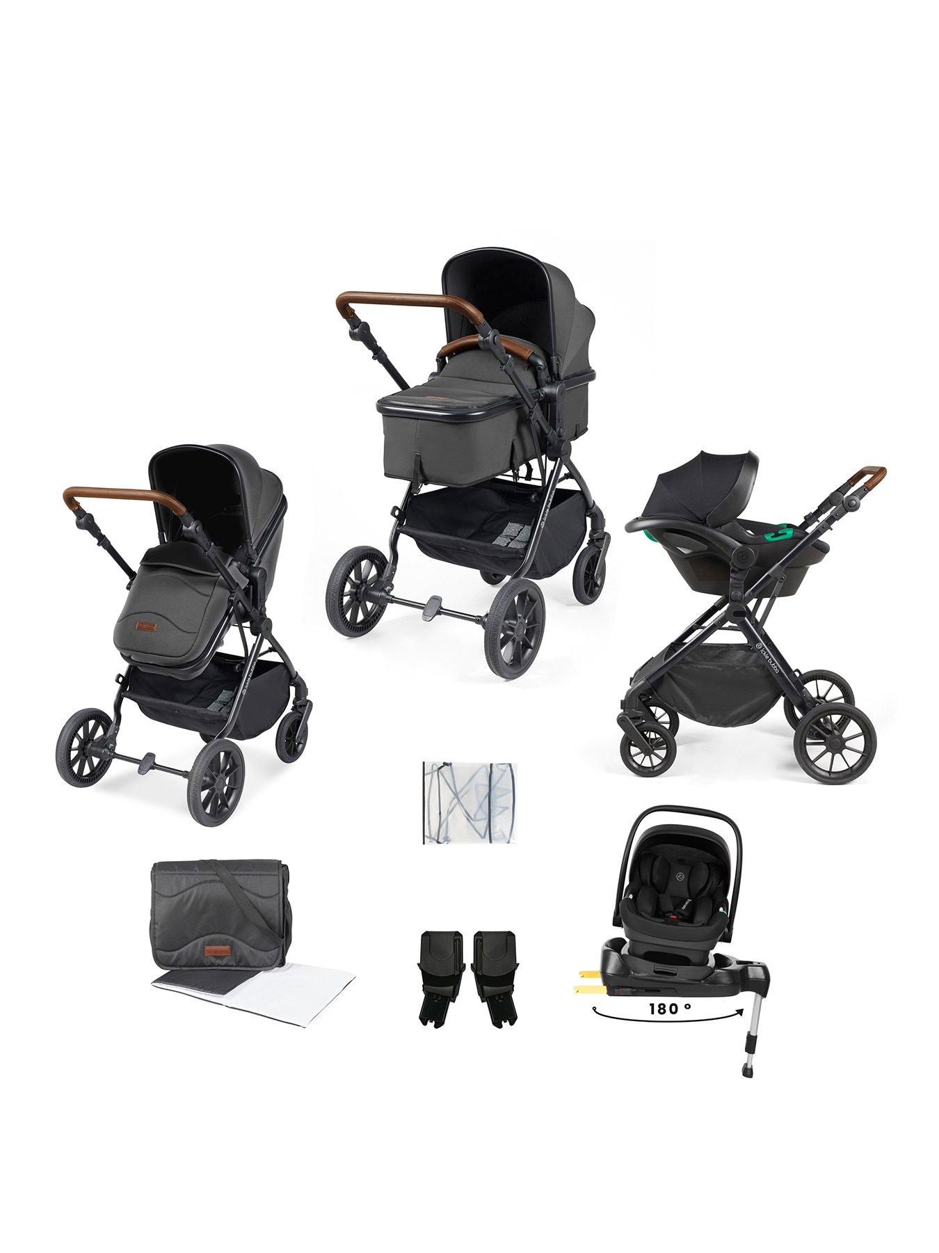 Ickle Bubba Cosmo 9 Piece Travel System with i-Size Nimbus Car Seat & Spin ISOFIX Base - Black / Graphite Grey / Tan