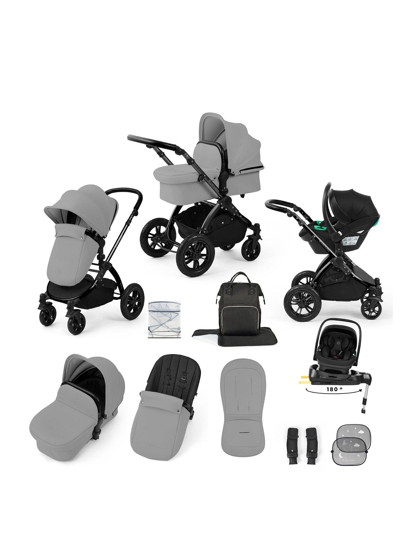 Ickle Bubba Stomp Luxe 12 Piece Travel System with i-Size Nimbus Car Seat & Spin ISOFIX - Black / Pearl Grey / Black