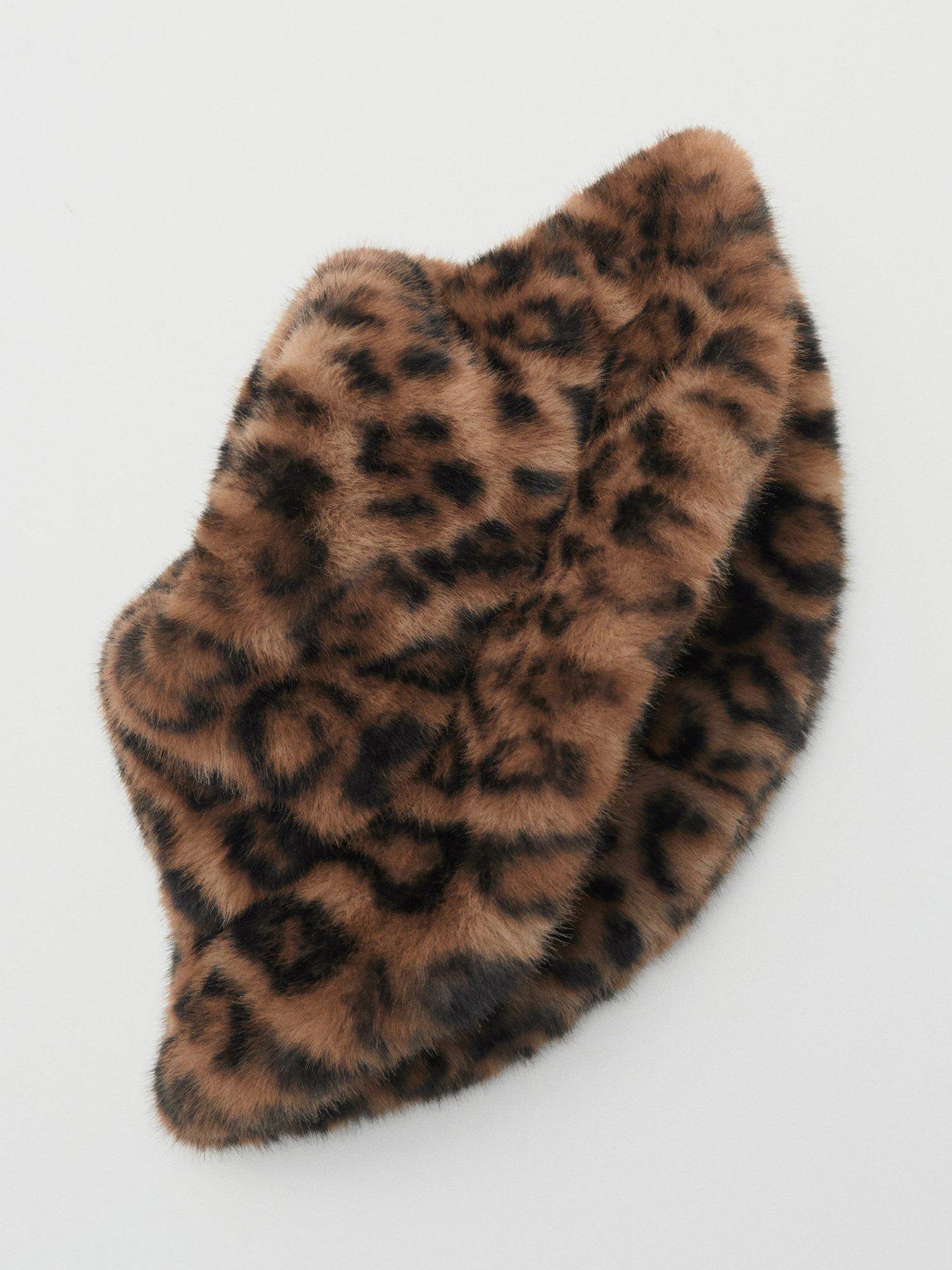 Image 3 of 3 of Mango Leopard-Print Fur-Effect Bucket Hat - Brown