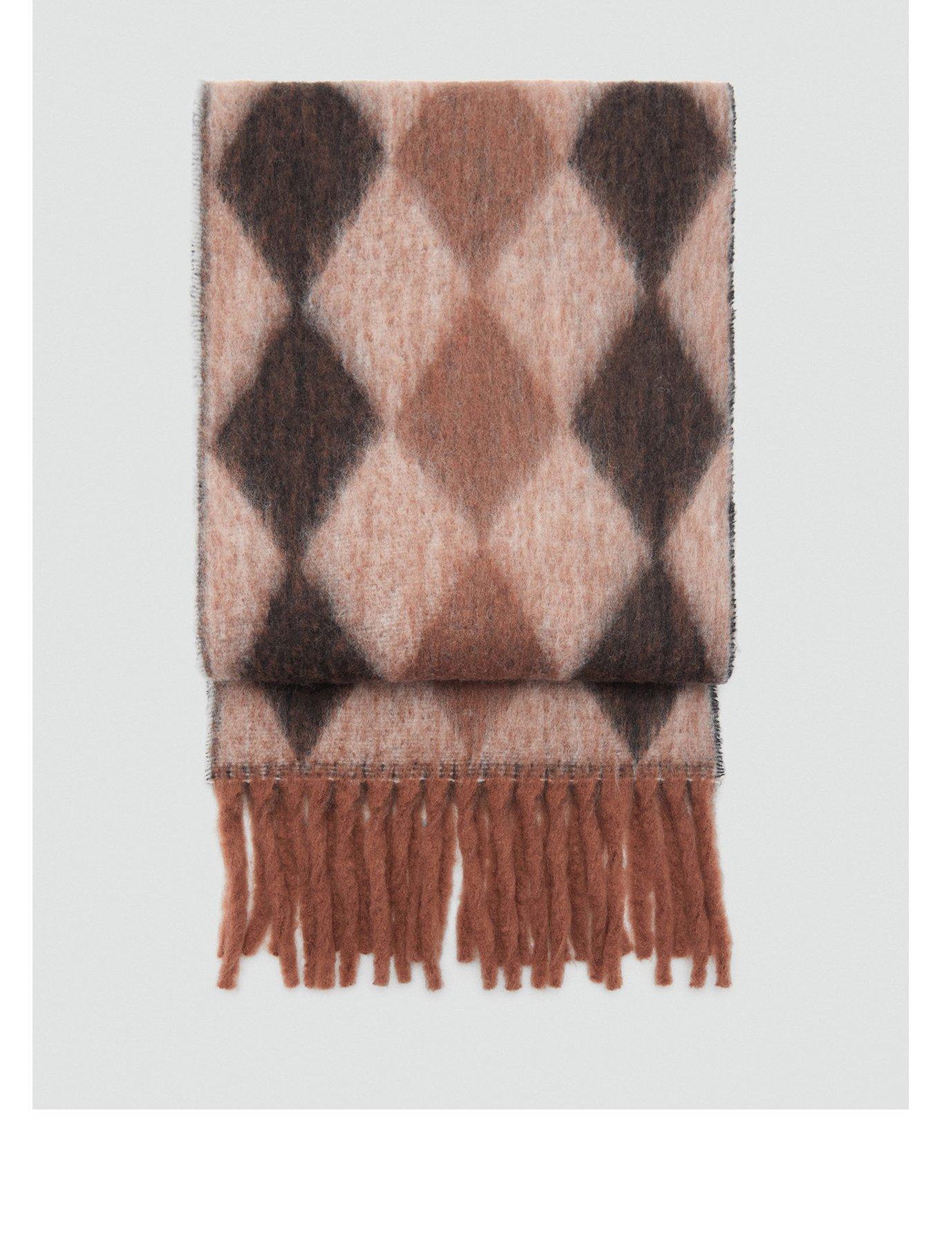 Image 1 of 2 of Mango Diamond Pattern Scarf With Fringes - Brown