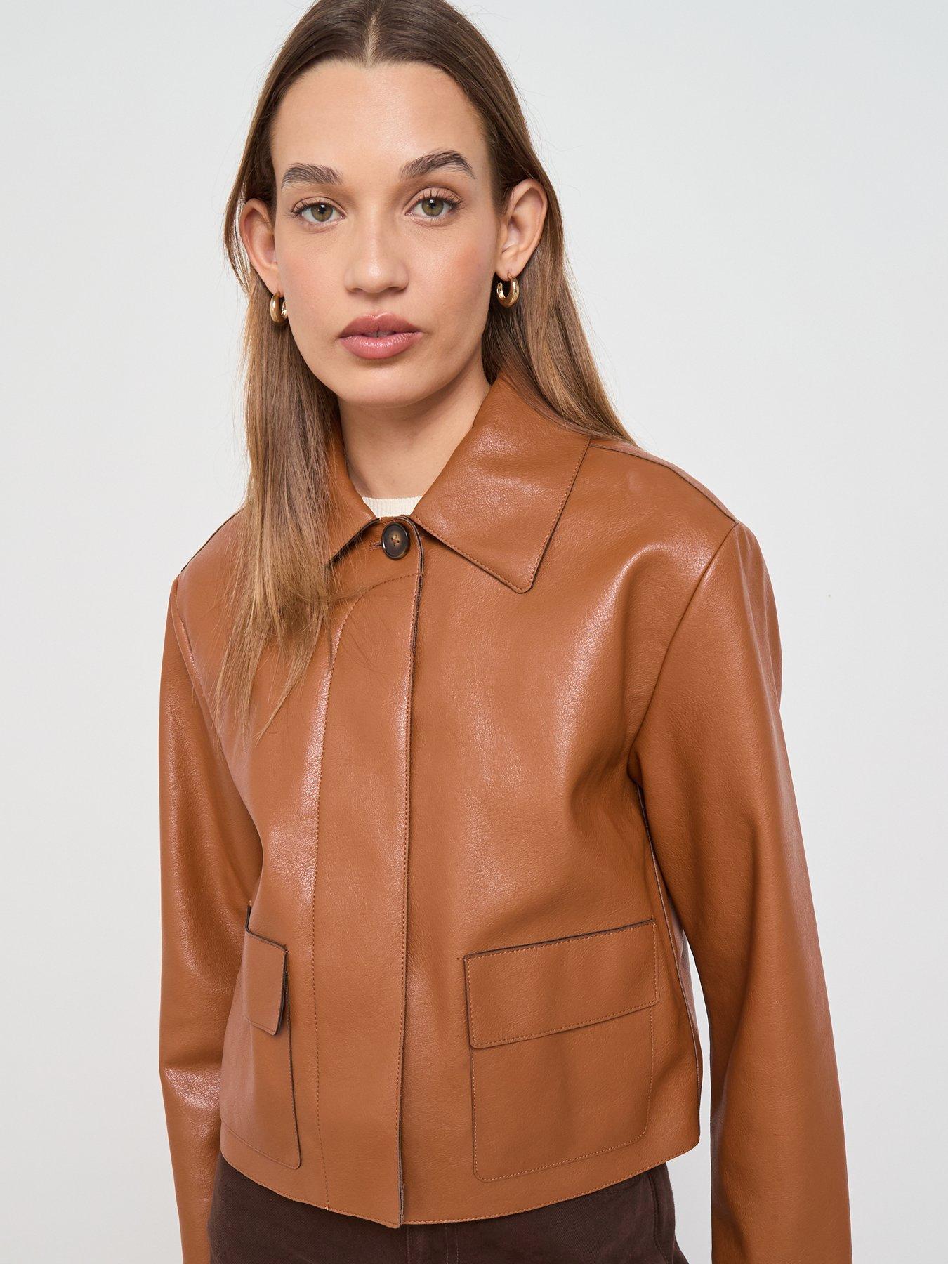 Image 1 of 6 of Mango Leather Effect Jacket With Pockets - Beige