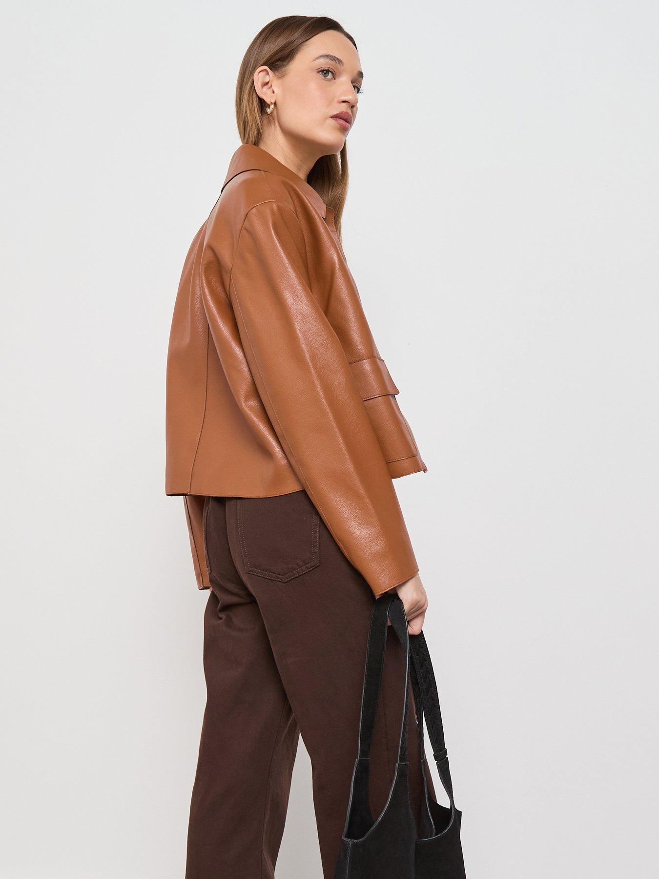 Image 2 of 6 of Mango Leather Effect Jacket With Pockets - Beige