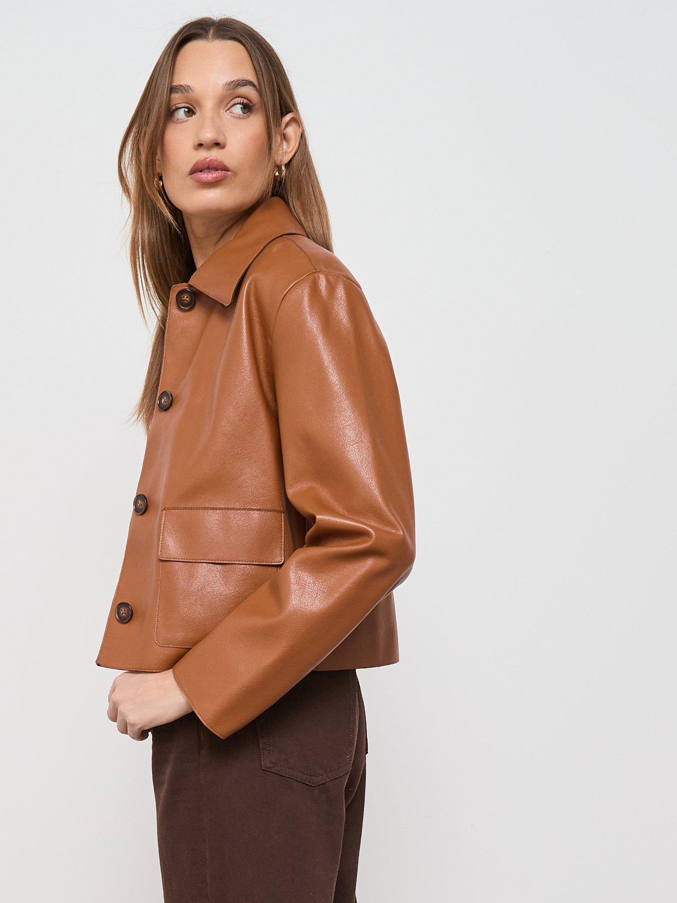 Image 4 of 6 of Mango Leather Effect Jacket With Pockets - Beige