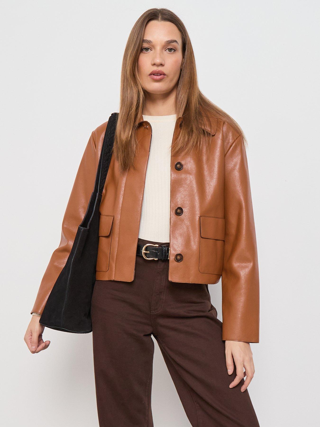 Image 5 of 6 of Mango Leather Effect Jacket With Pockets - Beige