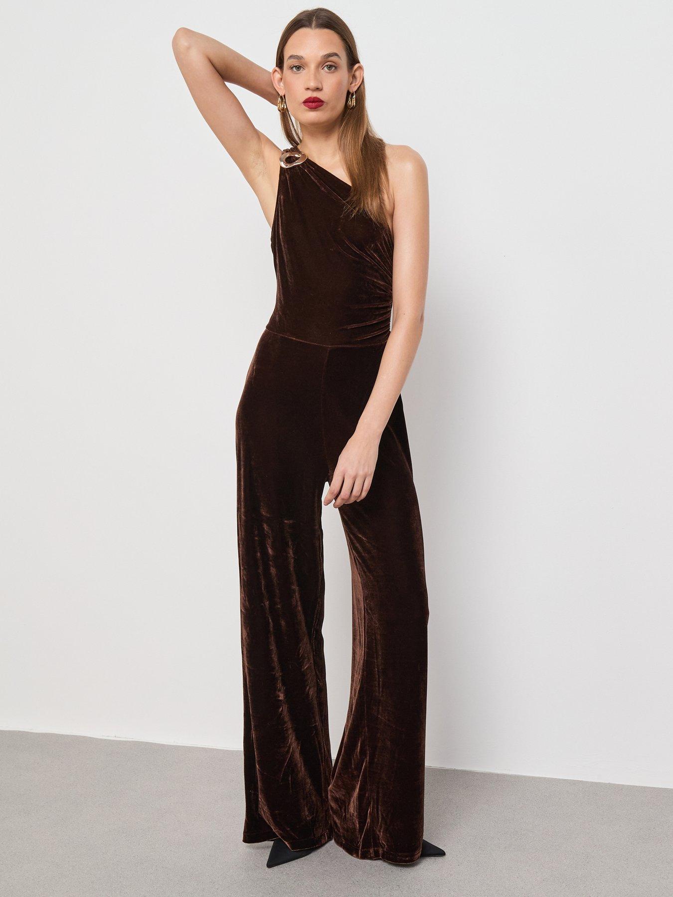 Image 1 of 6 of Mango Velvet Jumpsuit with Metallic Detail - Brown