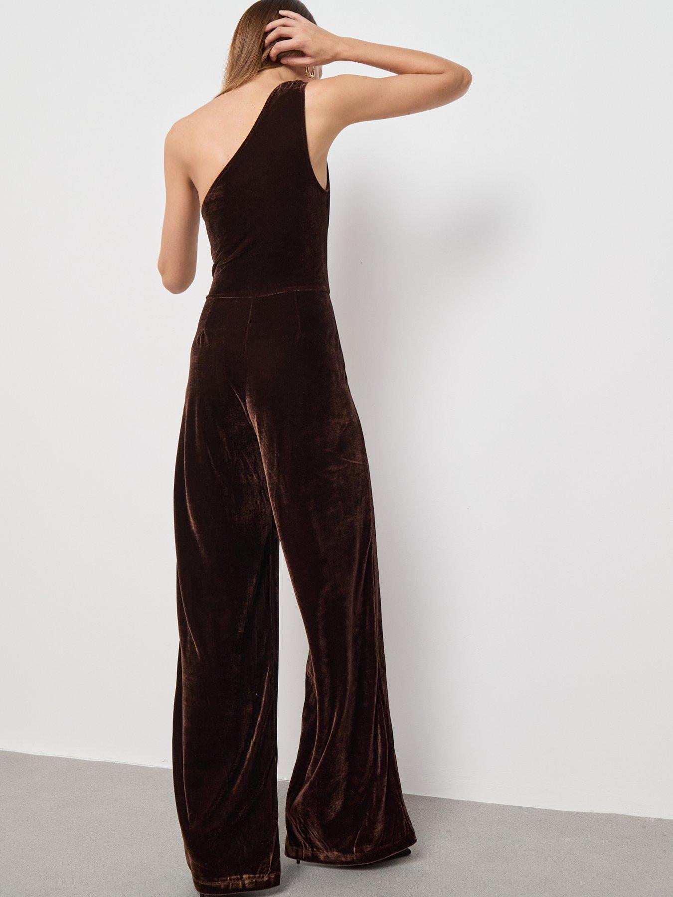Image 2 of 6 of Mango Velvet Jumpsuit with Metallic Detail - Brown