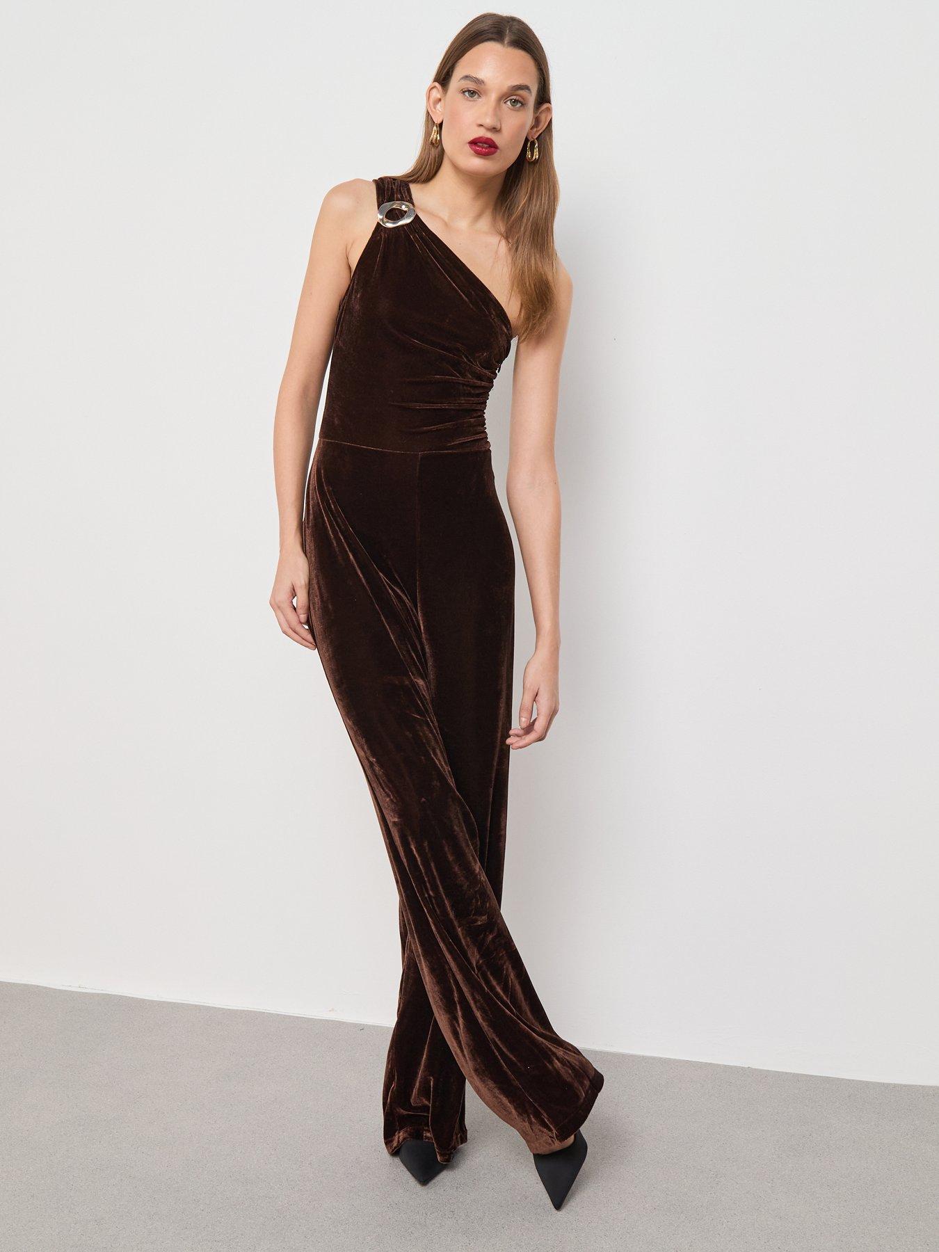 Image 3 of 6 of Mango Velvet Jumpsuit with Metallic Detail - Brown