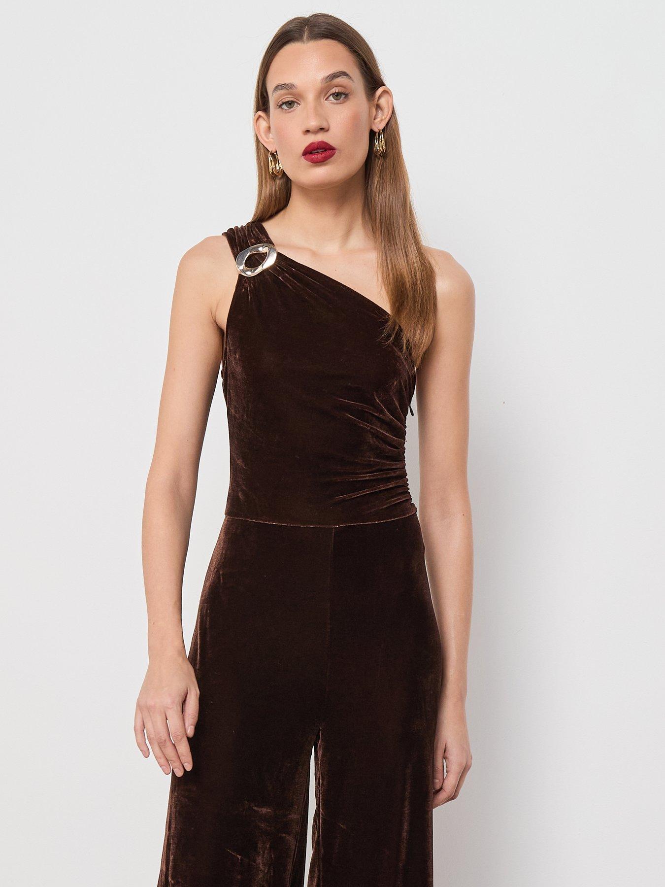 Image 5 of 6 of Mango Velvet Jumpsuit with Metallic Detail - Brown