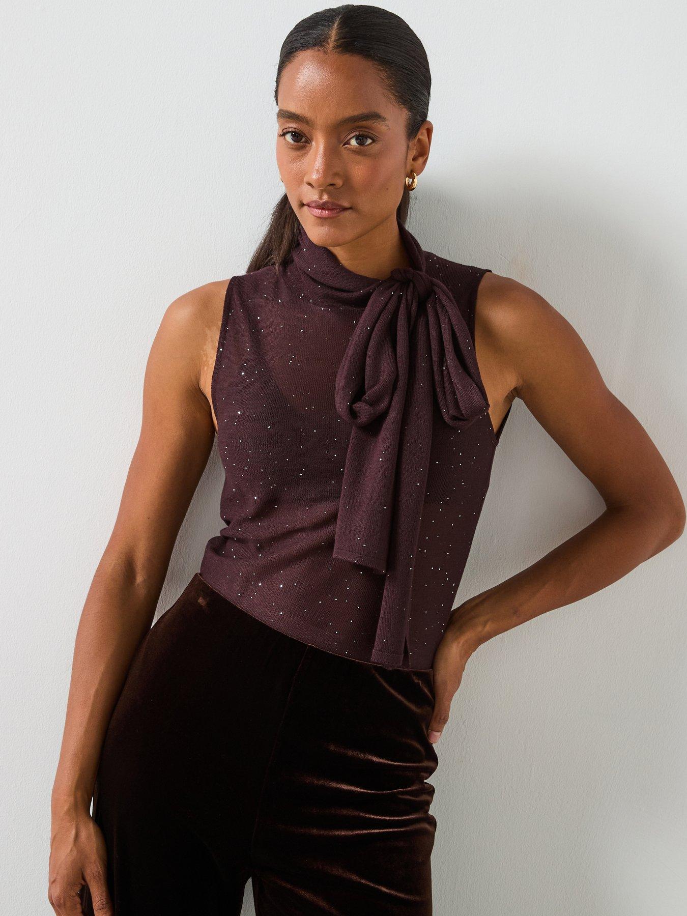 Mango: Shiny Top With Bow Detail - Brown