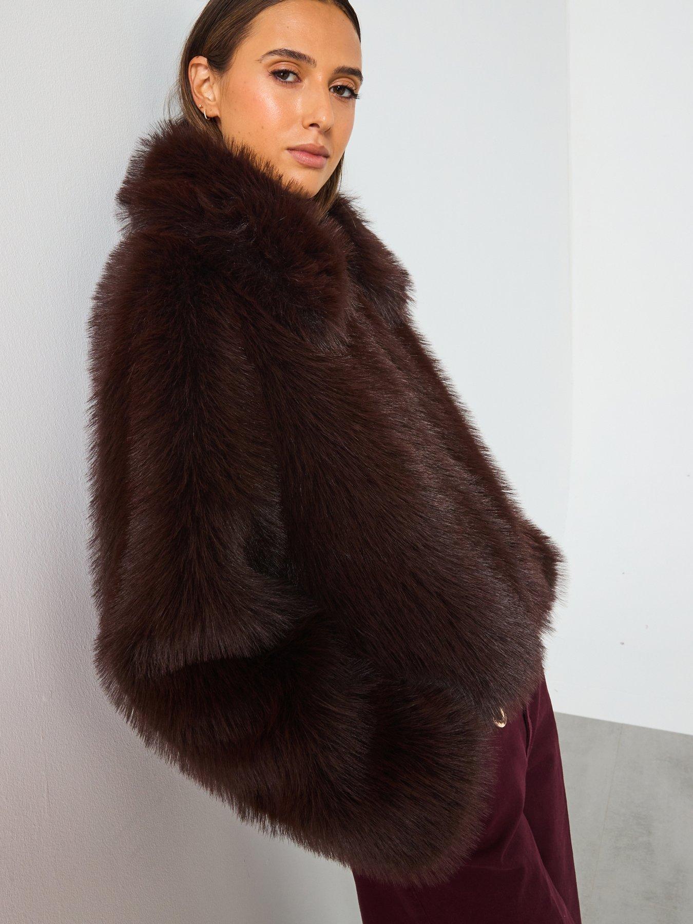 Image 1 of 6 of Mango Faux Fur Jacket With Lapels - Brown
