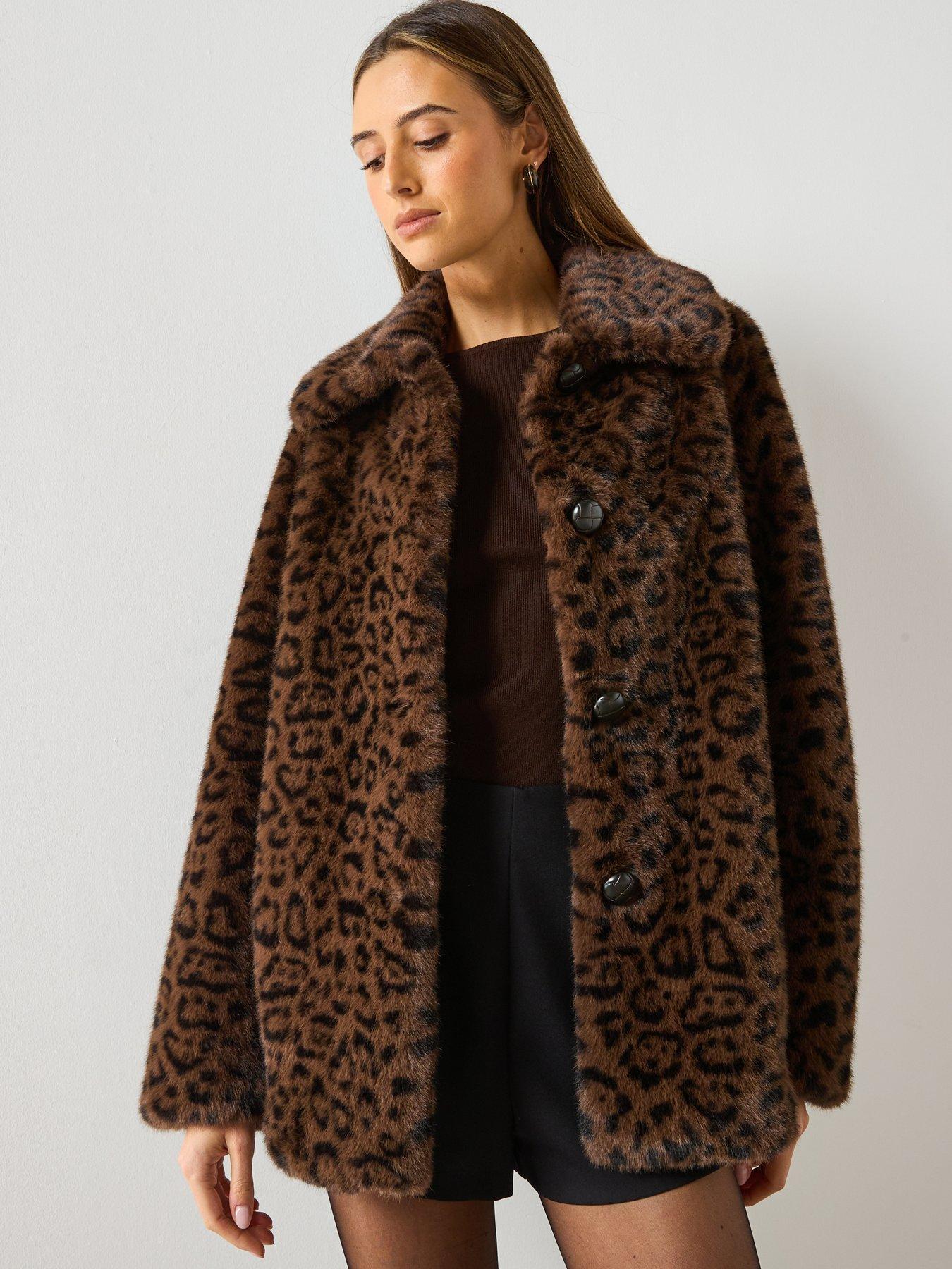 Mango: Faux Fur Leopard Print Coat - Brown