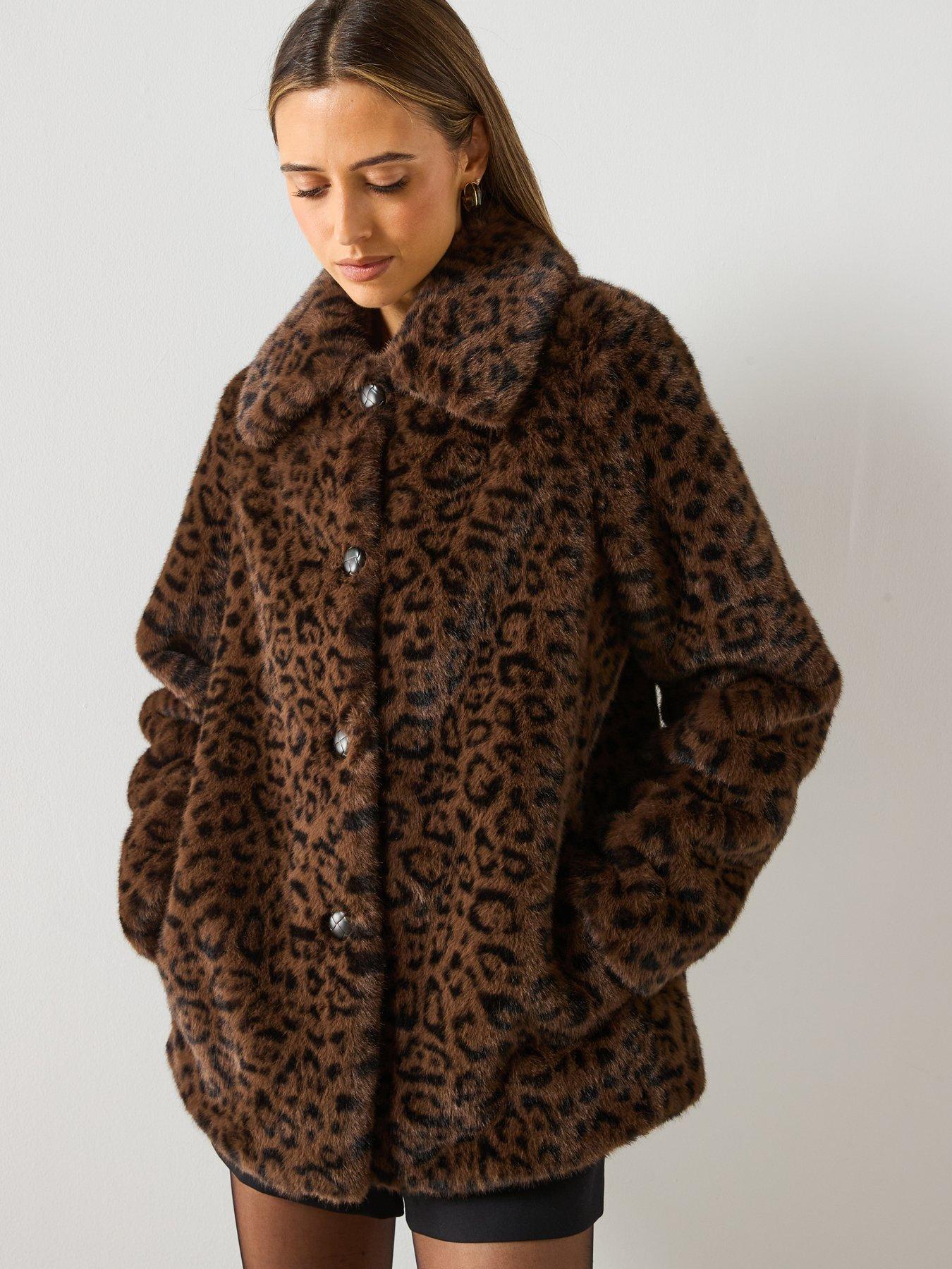 Image 5 of 6 of Mango Faux Fur Leopard Print Coat - Brown