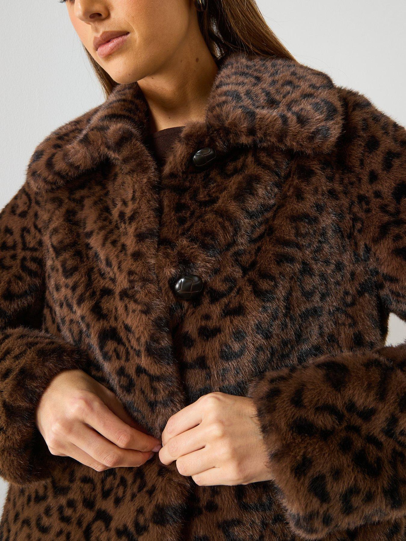 Image 6 of 6 of Mango Faux Fur Leopard Print Coat - Brown