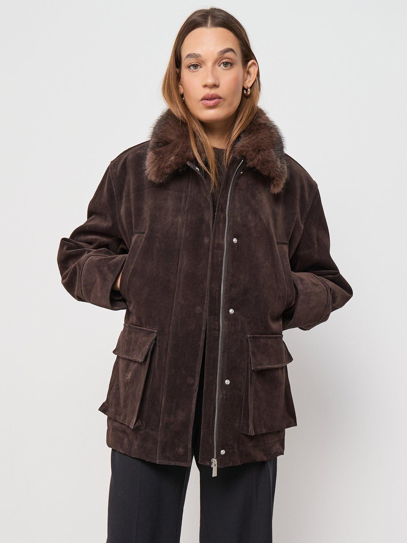 Mango Velvet Finish Parka With Faux Fur Collar