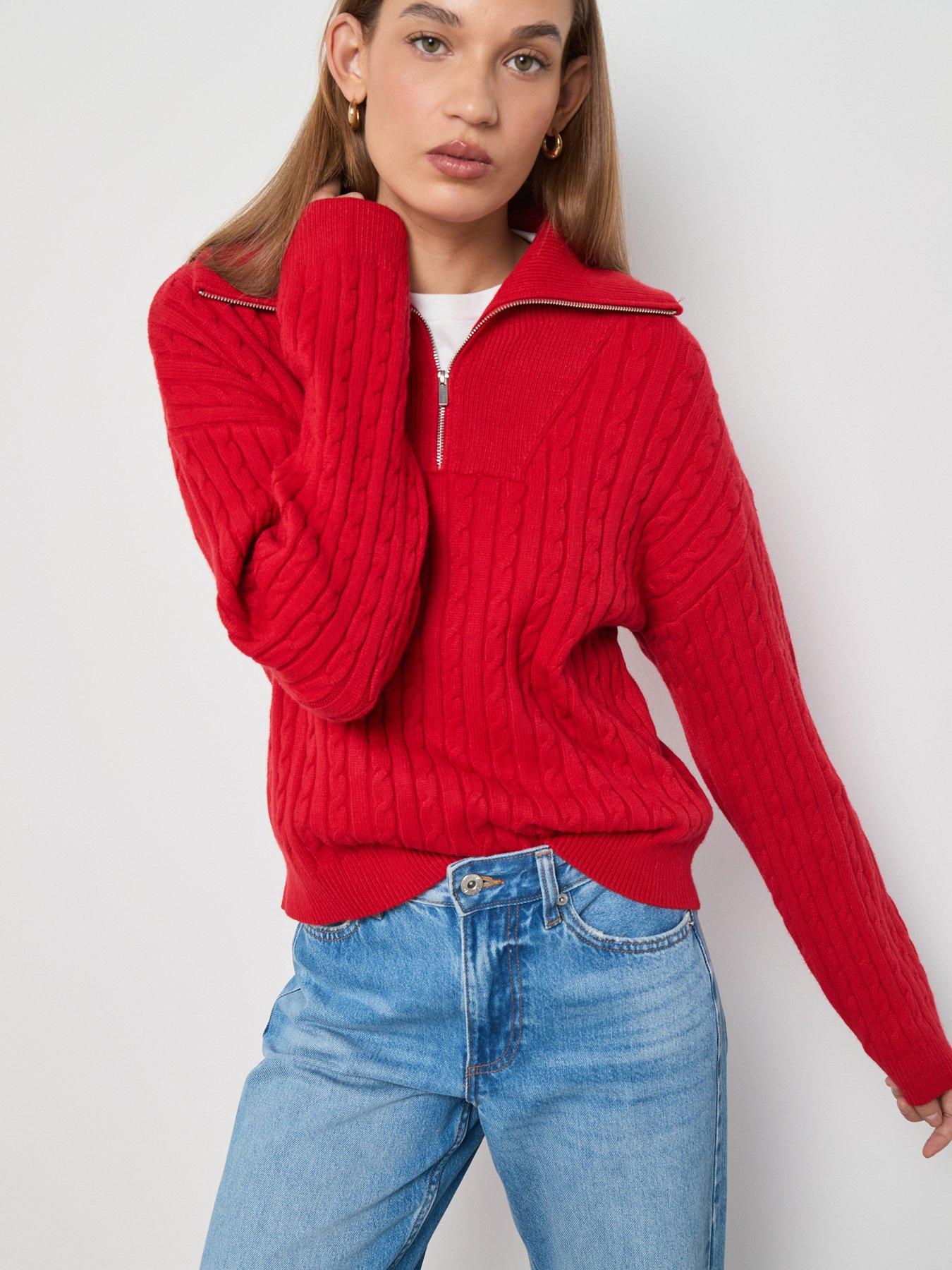 Mango Cable Knit Funnel Neck Jumper Red Very