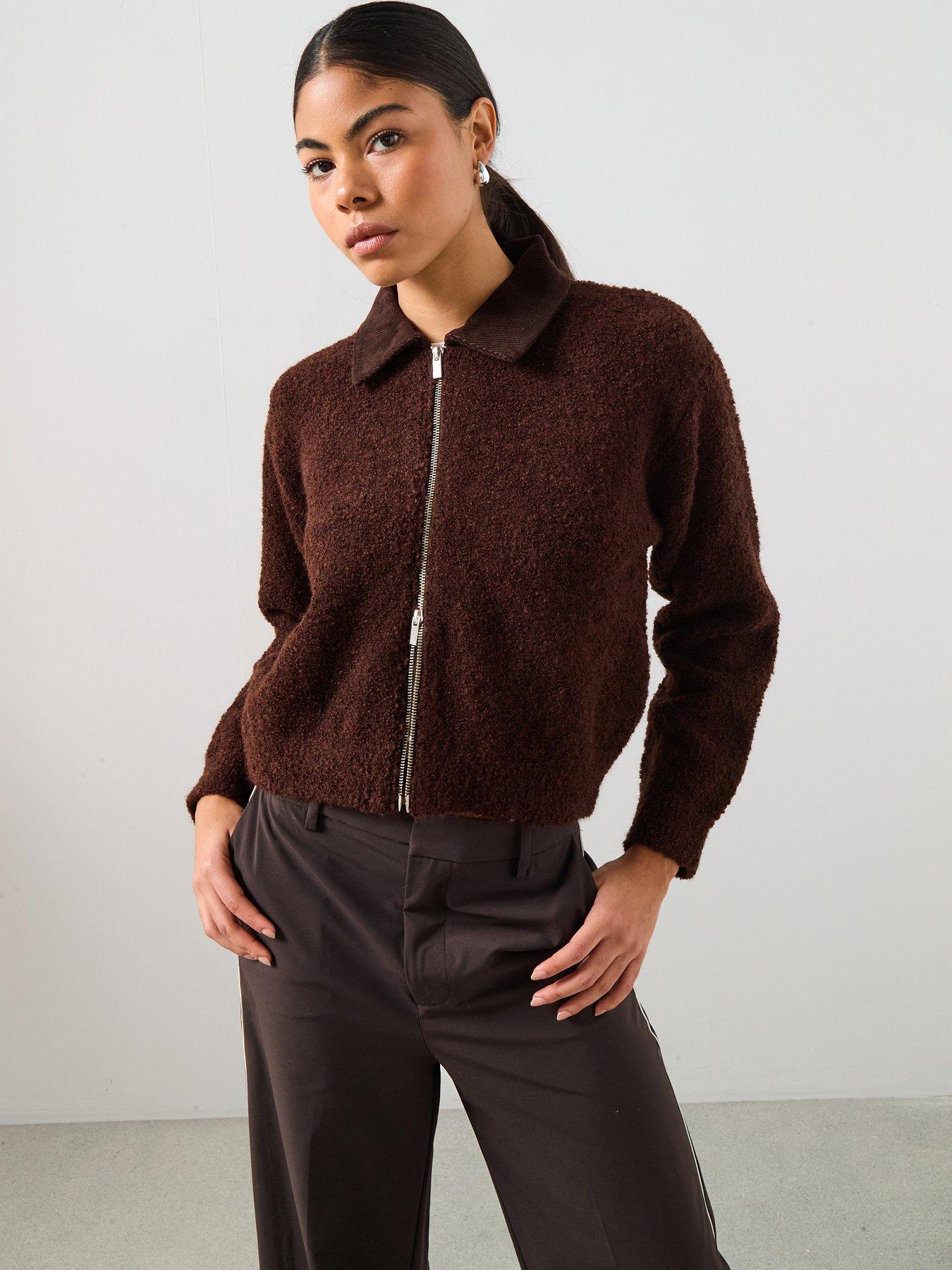 Mango Zip Up Boucle Collared Cardigan - Brown