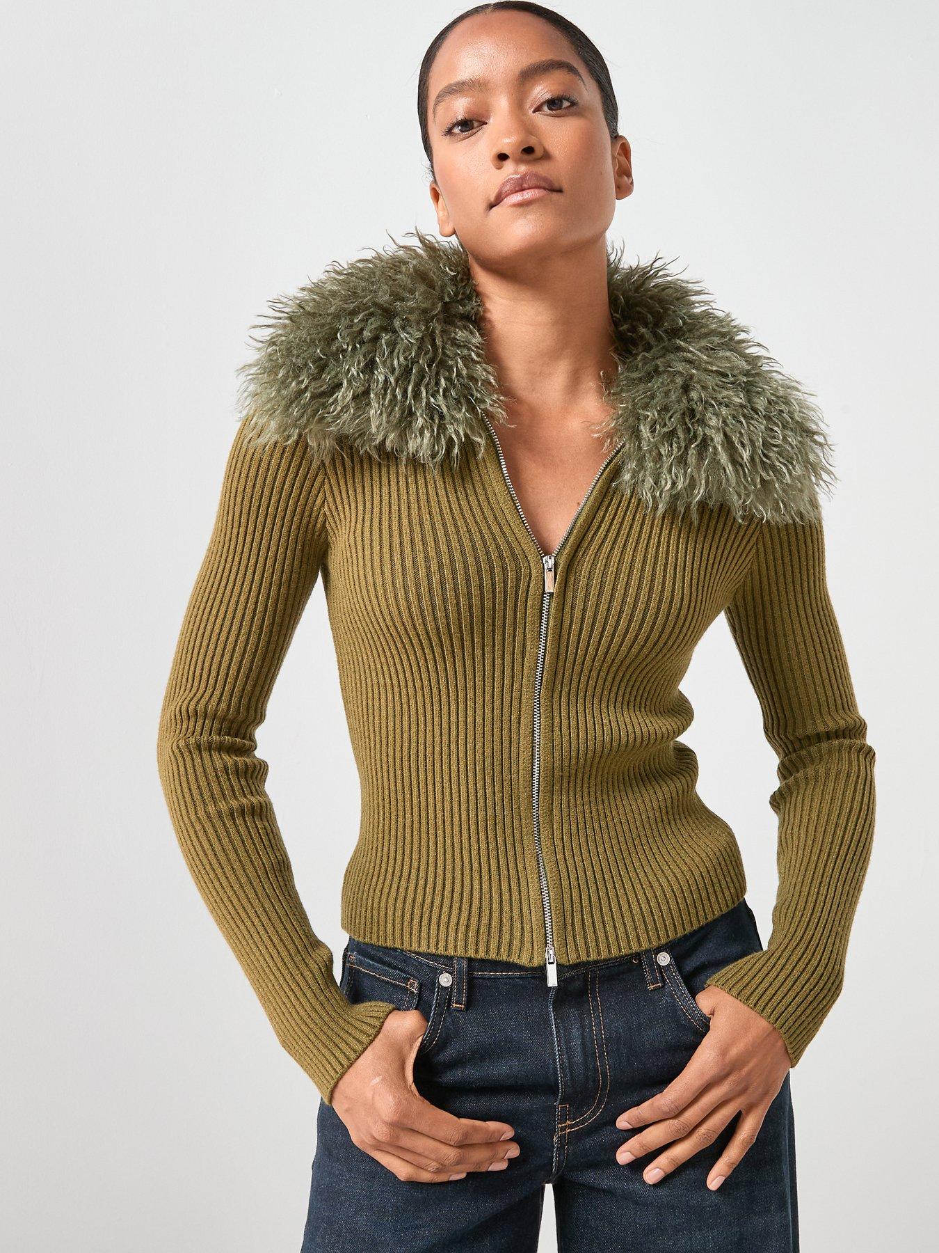 Image 1 of 6 of Mango Combined Zip Up Faux Fur Cardigan