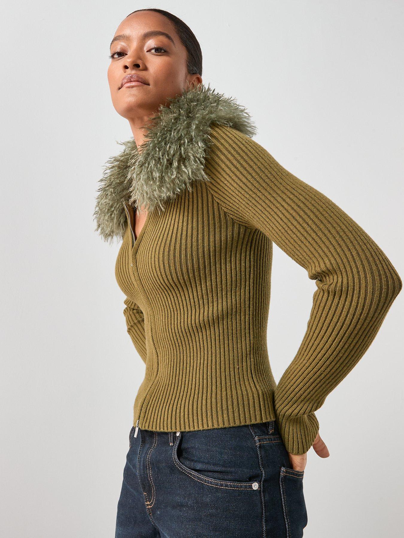 Image 4 of 6 of Mango Combined Zip Up Faux Fur Cardigan